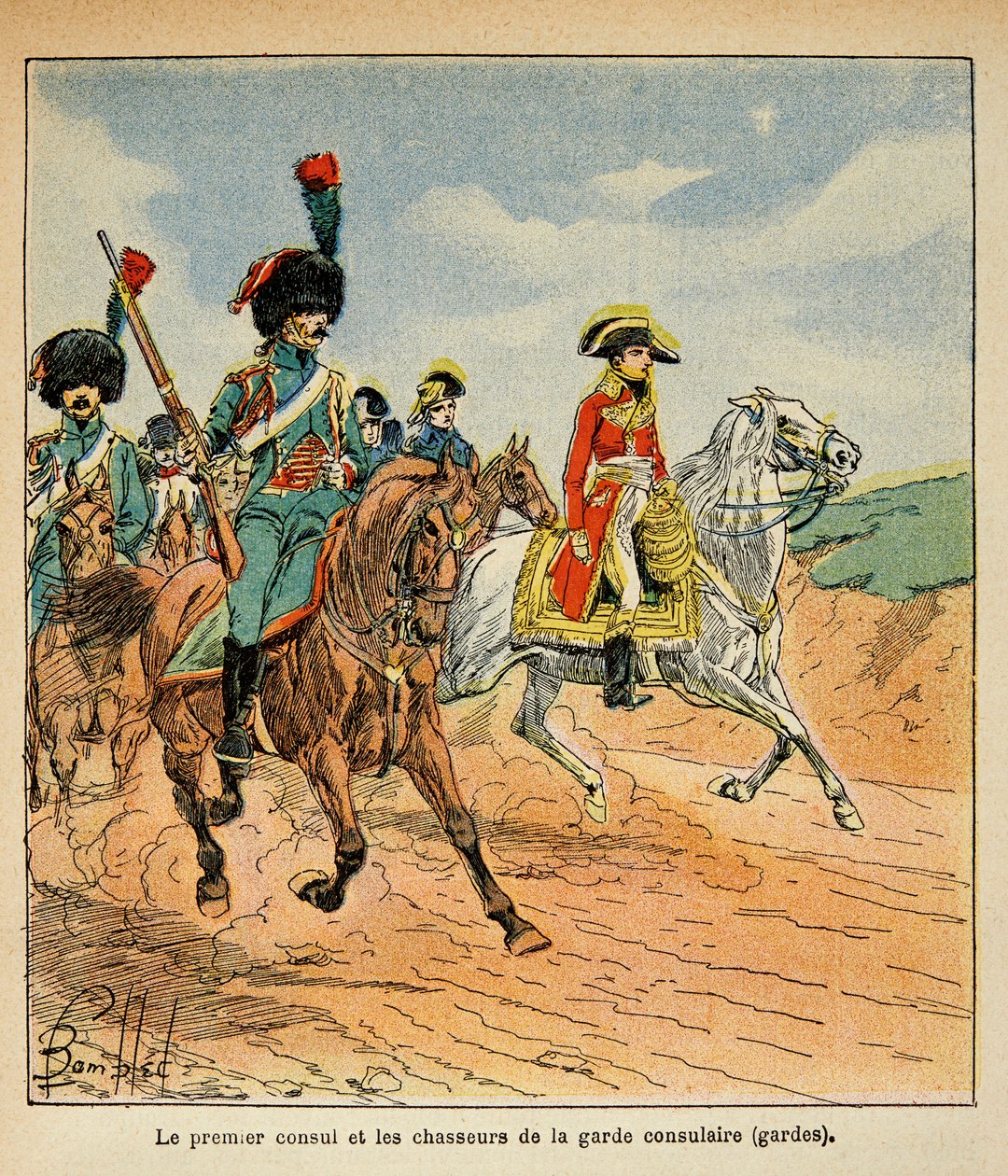 Ilustrace Bombardovaného Louise (1862-1927) z knihy „The Memorial se Sainte Helene“ od hraběte Emmanuela de Las Cases (1766-1842): První konzul a lovci konzulární stráže, soukromá sbírka od Louis Charles Bombled