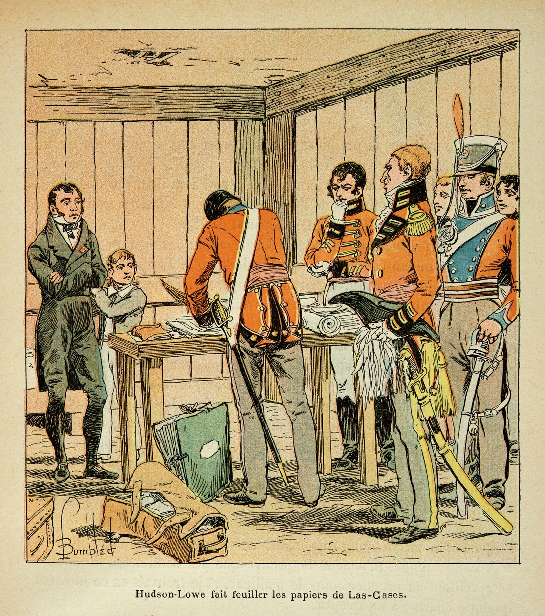 Ilustrace Bombardovaného Louise (1862-1927) z knihy „The memorial se Sainte Helene“ od hraběte Emmanuela de Las Cases (1766-1842): Hudson Lowe (1769-1844) prohledává papíry Las Cases, soukromá sbírka od Louis Charles Bombled