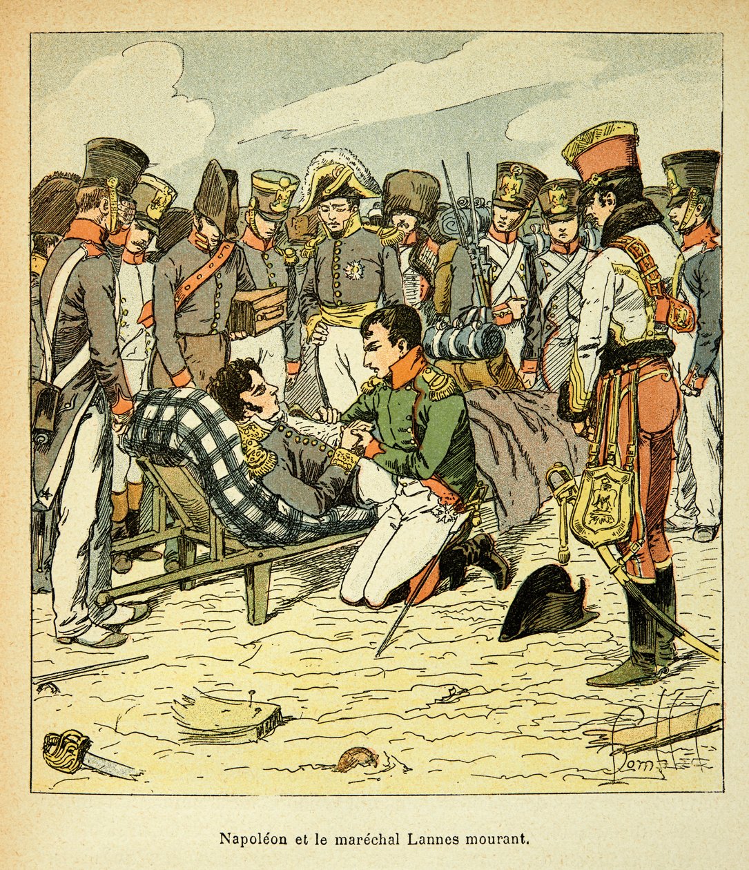 Ilustrace Bombardovaného Ludvíka (1862-1927) z knihy „The memorial se Sainte Helene“ od hraběte Emmanuela de Las Cases (1766-1842): Smrt Marechala Jeana Lannese (1769-1809), Císař Napoleon má své Cotes, vojín Sbírka od Louis Charles Bombled