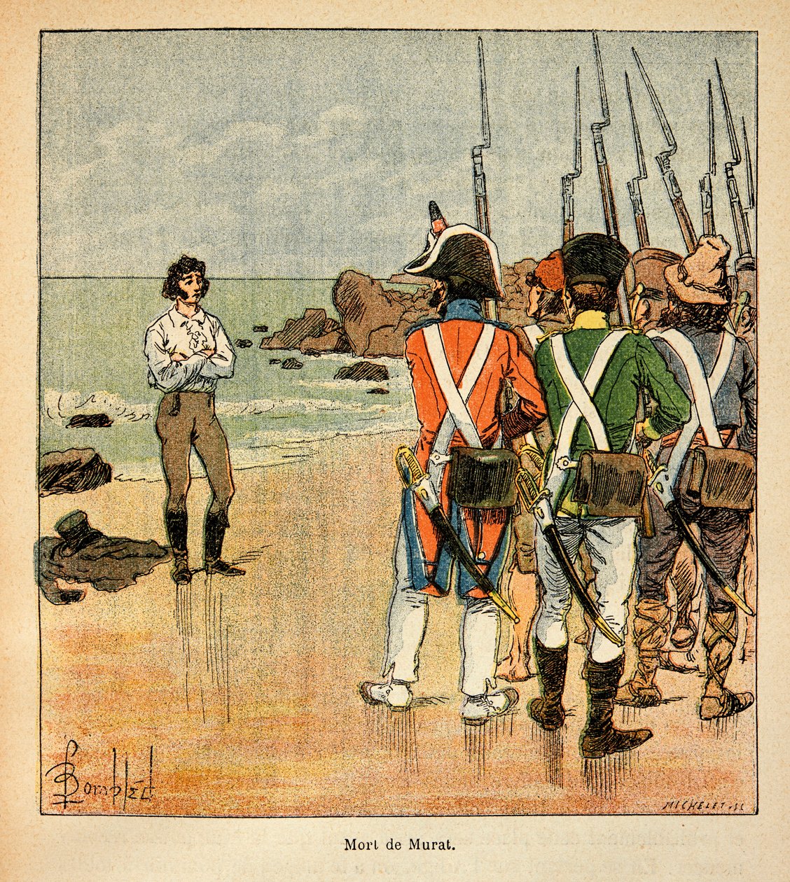 Ilustrace Bombardovaného Louise (1862-1927) z knihy „The memorial se Sainte Helene“ od hraběte Emmanuela de Las Cases (1766-1842): Smrt Joachima Murata (1767-1815), soukromá sbírka od Louis Charles Bombled