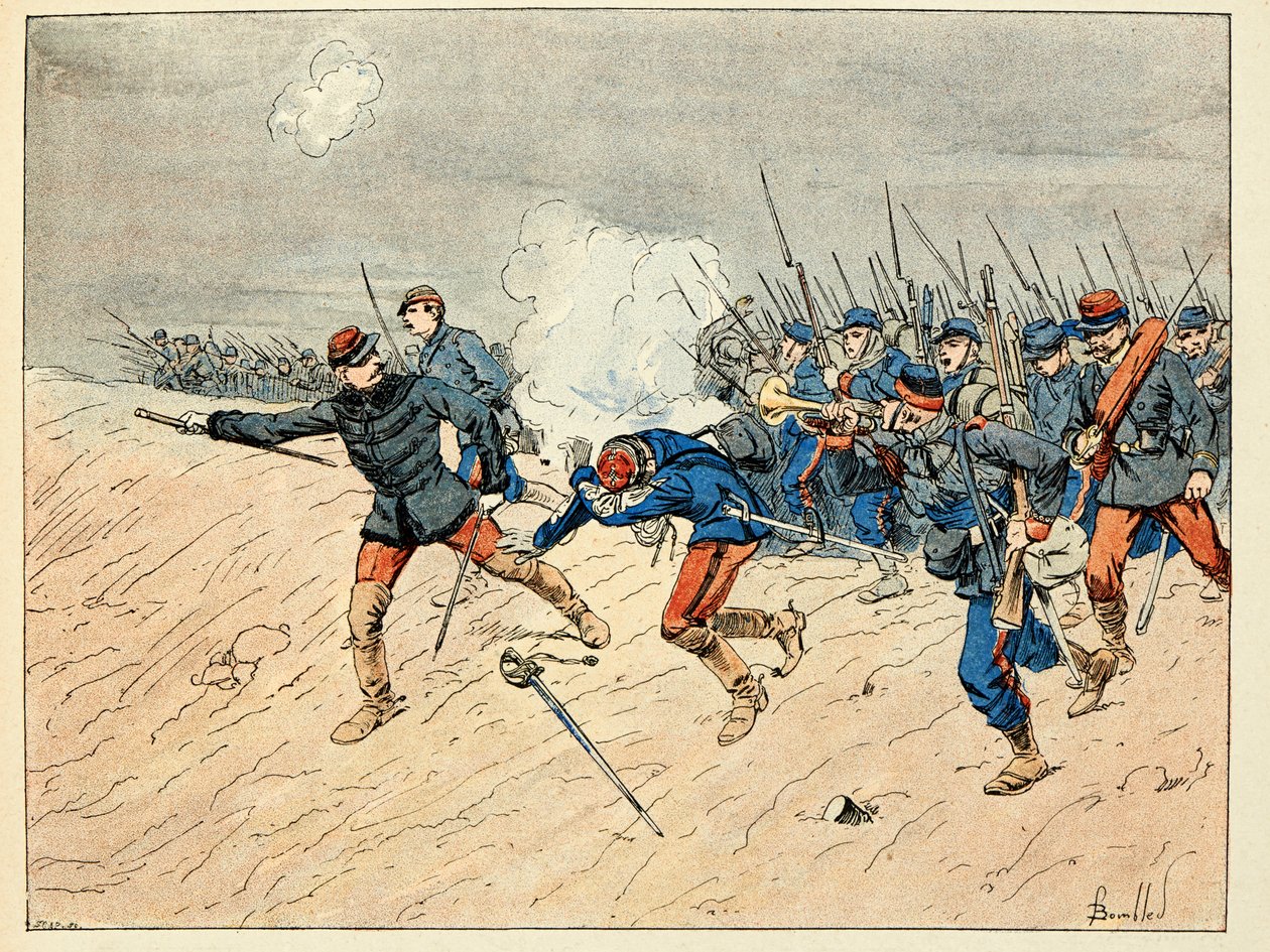 Ilustrace převzatá z knihy „Les heros du Siecle“, neoficiální recitace Dicka de Lonlay a ilustrovaná Louisem Bombledem (1862-1927) od Louis Charles Bombled