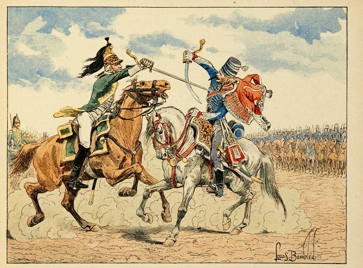 Ilustrace převzatá z knihy „The Heros of the Siecle“, anekdotické recitace Dicka de Lonlay a ilustrované Louisem Bombledem (1862-1927) od Louis Charles Bombled