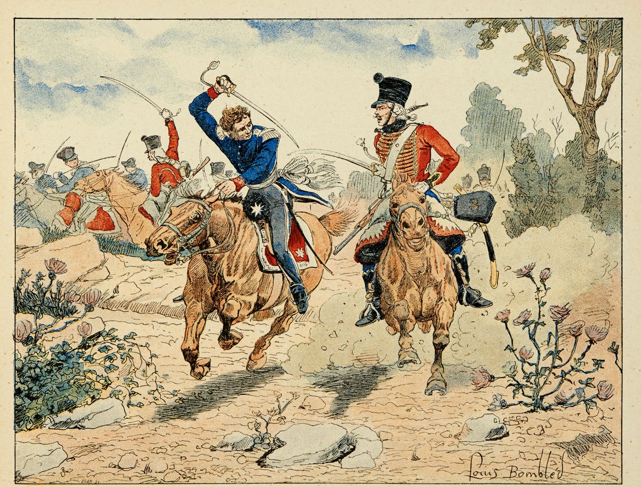 Ilustrace převzatá z knihy „The Heros of the Siecle“, anekdotické recitace Dicka de Lonlay a ilustrované Louisem Bombledem (1862-1927) od Louis Charles Bombled
