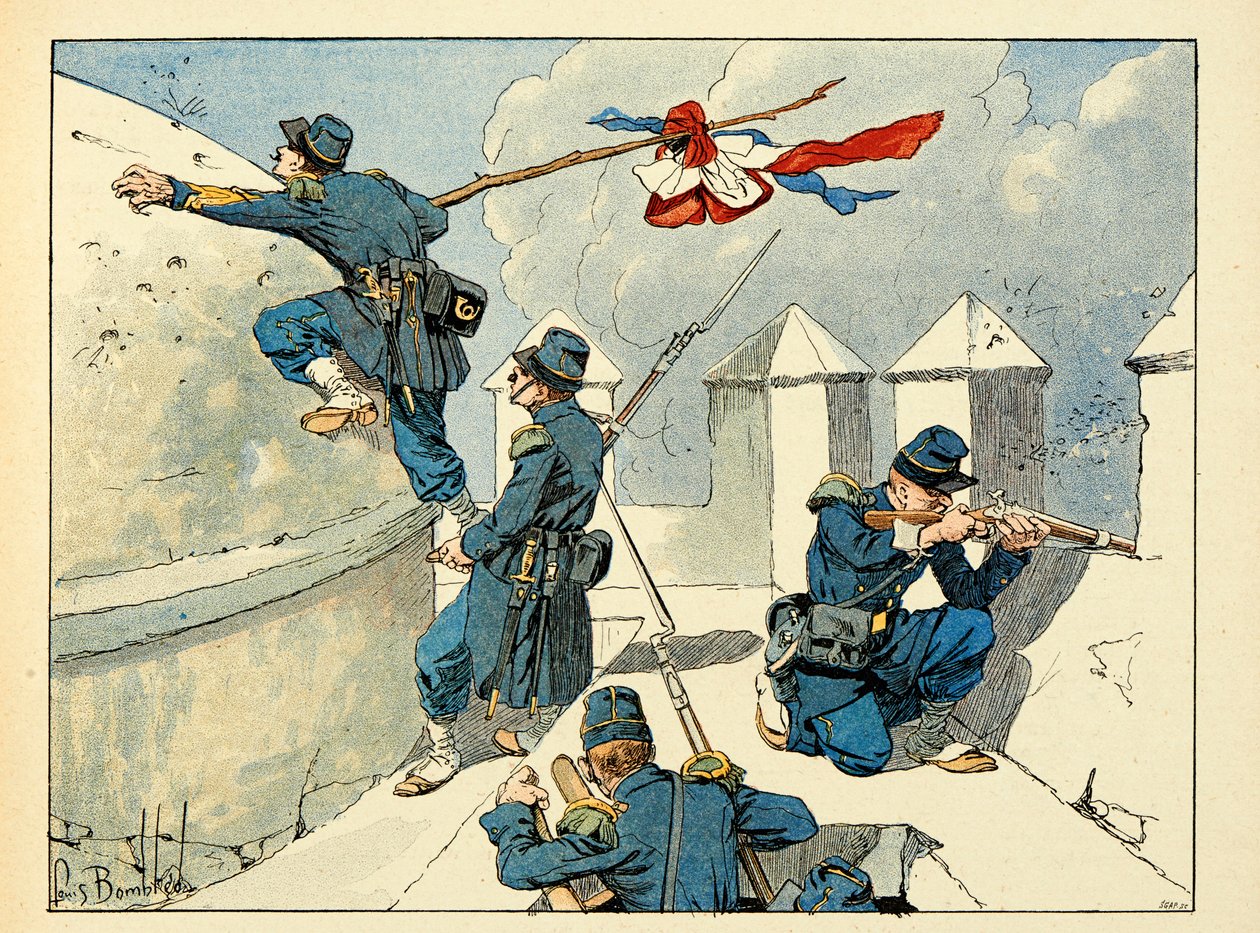 Ilustrace převzatá z knihy „Hrdinové století“, anekdotické recitace Dicka de Lonlay a ilustrované Louisem Bombledem (1862-1927) od Louis Charles Bombled