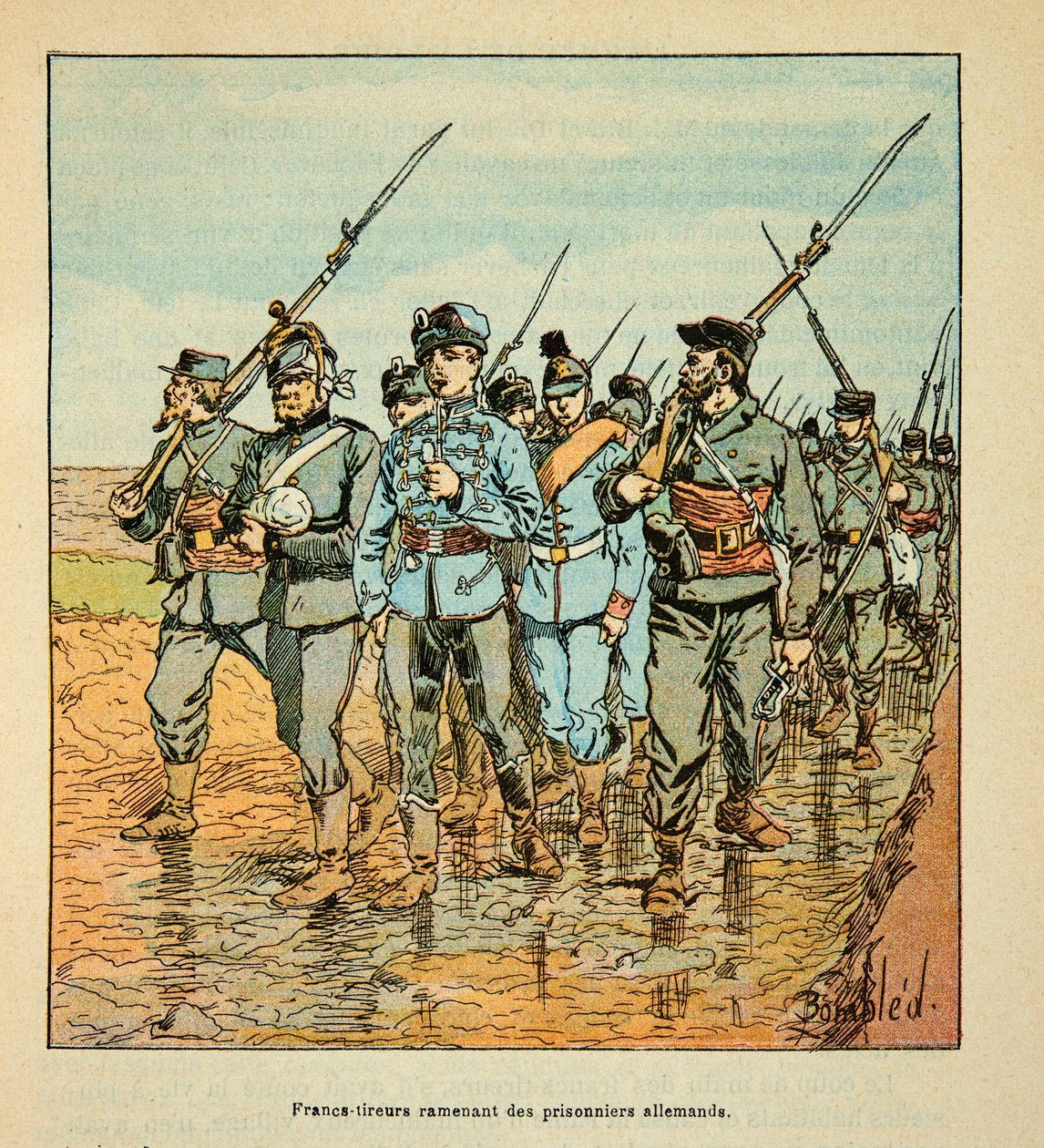 Armáda na Loiře od Eugena Sergenta, dit Grenest, ilustroval Louis Bombled (1862-1927) (francouzsko-německá válka; kampaň 1870-1871): Freesinchers přivádějící zpět německé zajatce v říjnu 1870, Soukromá sbírka od Louis Charles Bombled