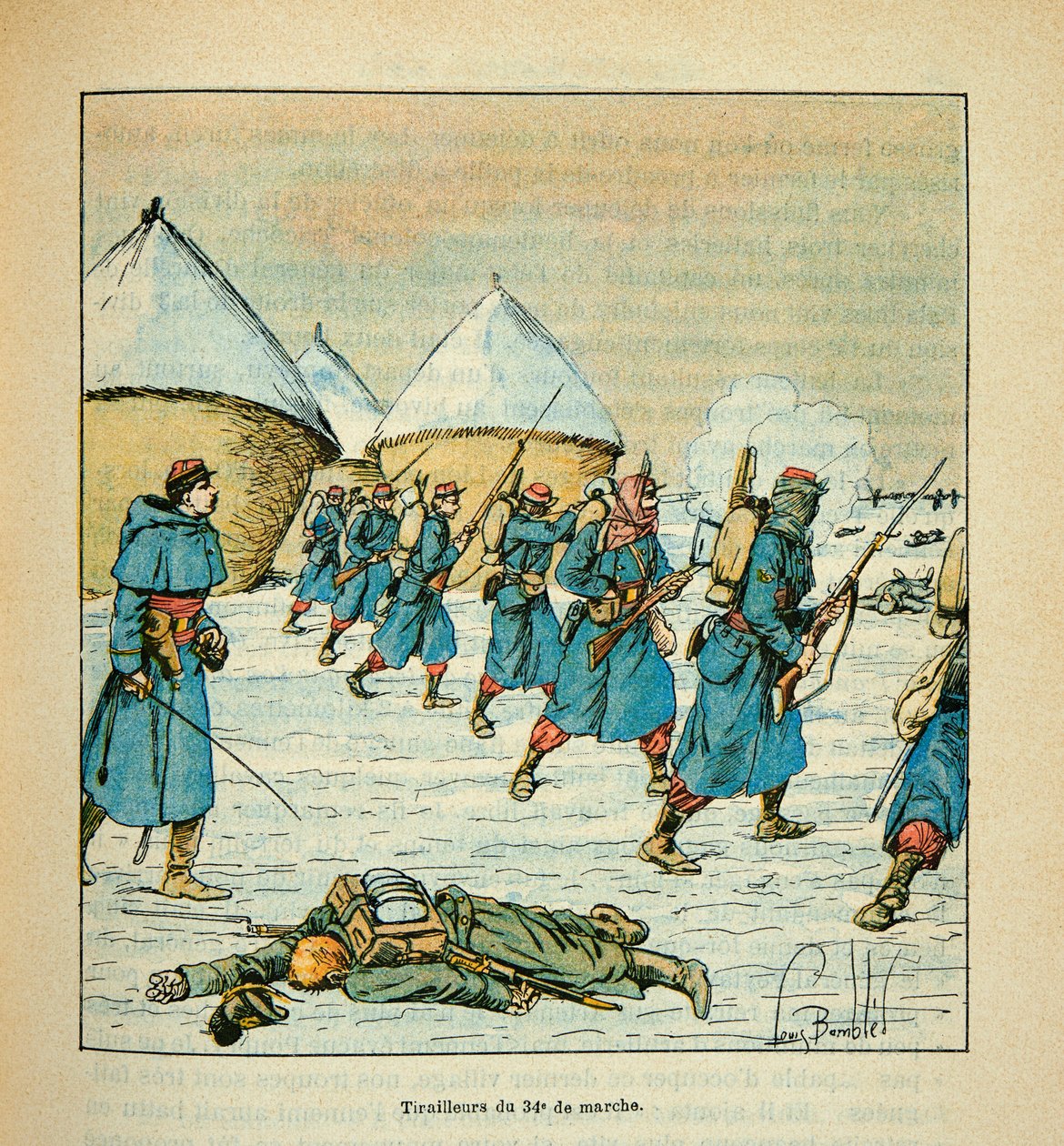 Armáda na Loiře od Eugena Sergenta, dit Grenest, ilustrovaná Louisem Bombledem (1862-1927) (francouzsko-německá válka; kampaň 1870-1871): Tirailleurs du 34, eme de marche aux combats de Poupry v prosinci 1870, částečná sbírka od Louis Charles Bombled