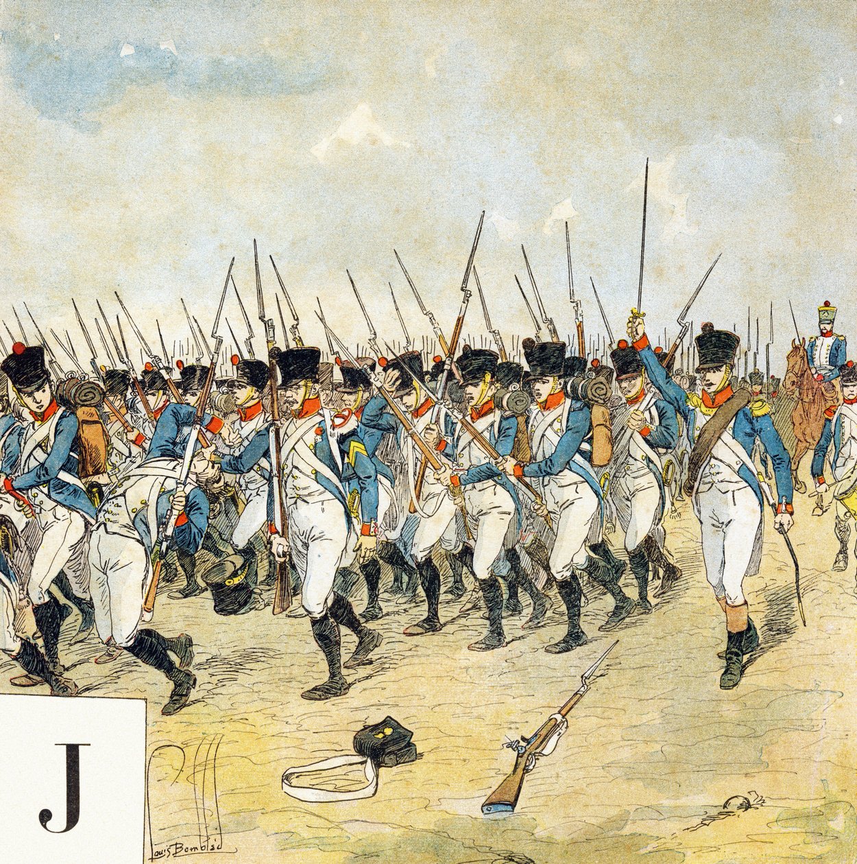 Písmeno J: Mladý strážce, "Je serai soldat" (Budu voják) - Vojenská abeceda od Louis Charles Bombled
