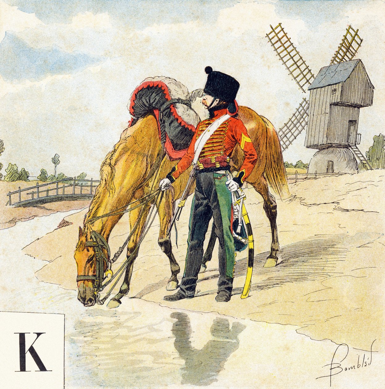 Písmeno K: Kolbach (colback, colbaque), klobouk francouzských jezdců první a druhé říše, "Je serai soldat" (Budu voják) - Vojenská abeceda od Louis Charles Bombled