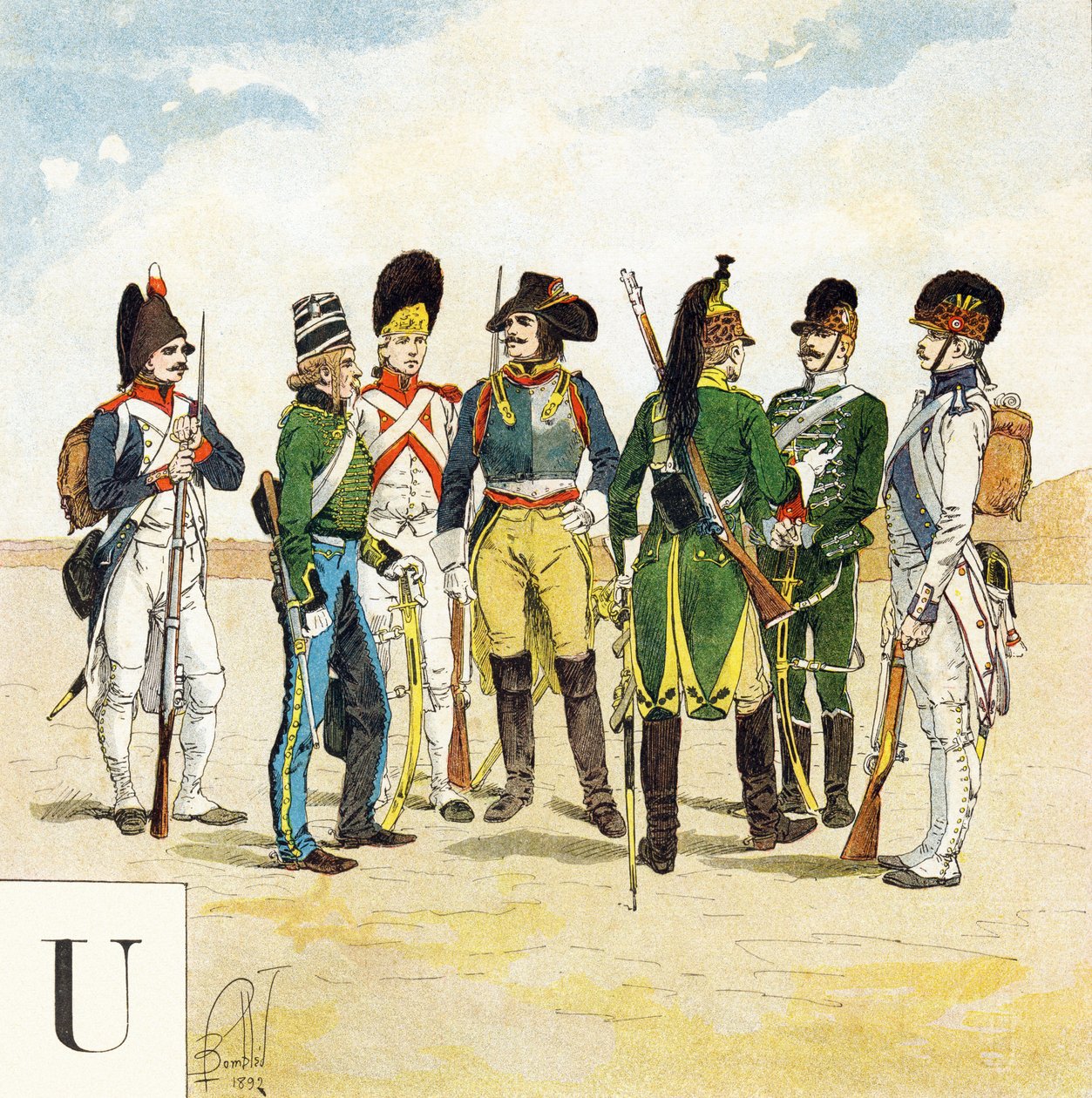 Písmeno U: Uniformy francouzské armády, "Je serai soldat" (Budu voják) - Vojenská abeceda od Louis Charles Bombled