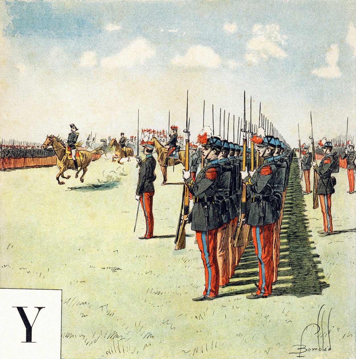 Písmeno Y: studenti vojenské školy Saint Cyr (Saint-Cyr), "Je serai soldat" (Budu voják) - Vojenská abeceda od Louis Charles Bombled