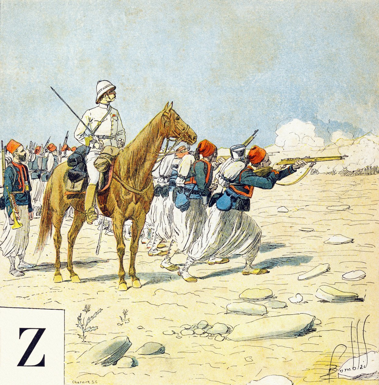 Písmeno Z: Zouaves, "Je serai soldat" (Budu voják) - Vojenská abeceda od Louis Charles Bombled