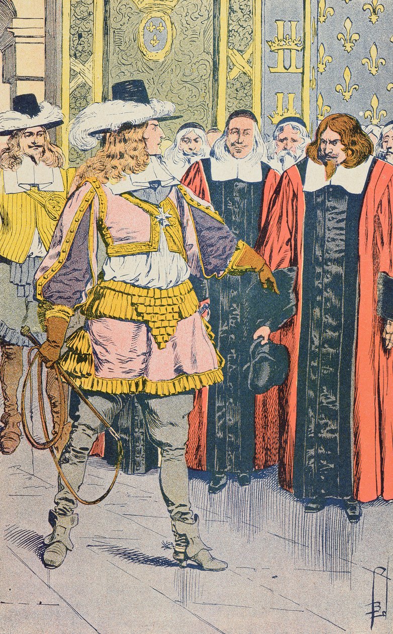 Louis XIV na návštěvě francouzského parlamentu, ilustrace z „Histoire de France“ od Julese Micheleta, kolem roku 1900 od Louis Charles Bombled