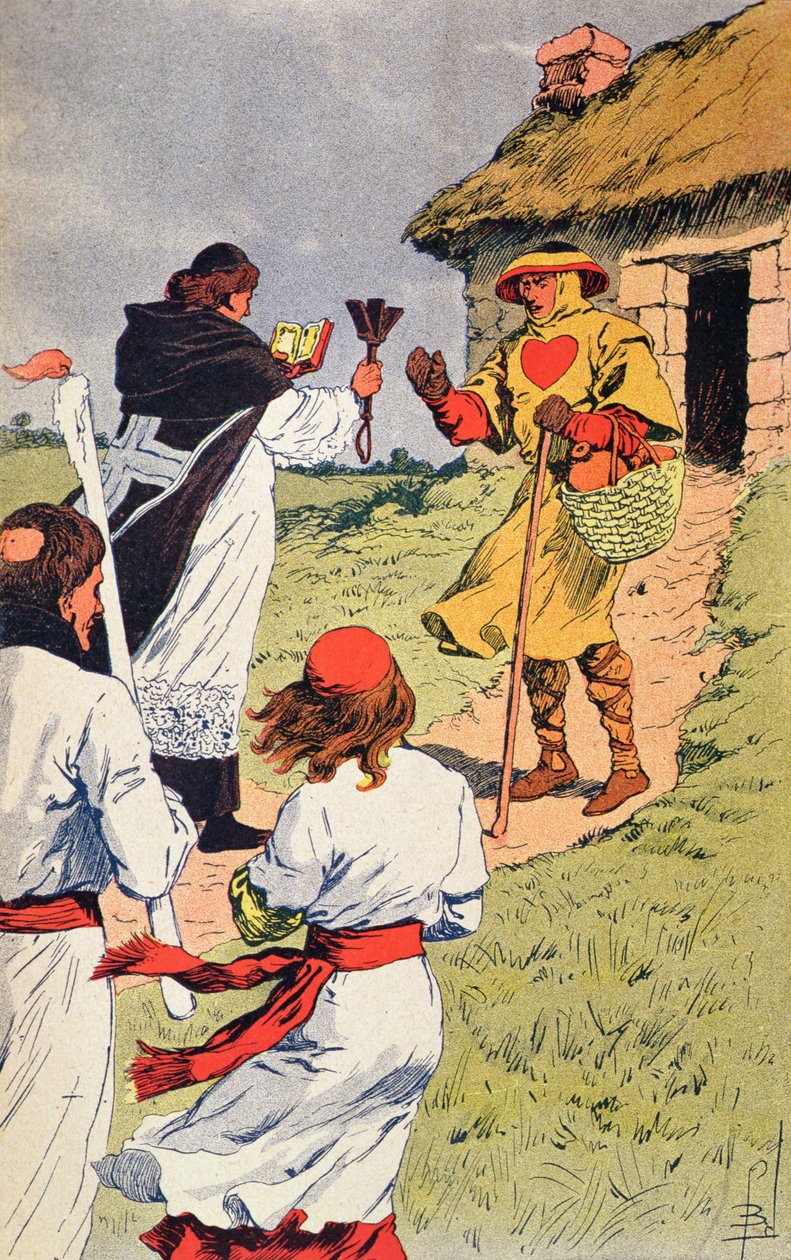 Kněz na návštěvě malomocného ve středověku, ilustrace z „Histoire de France“ od Julese Micheleta (1798-1874) (barevná rytina) od Louis Charles Bombled
