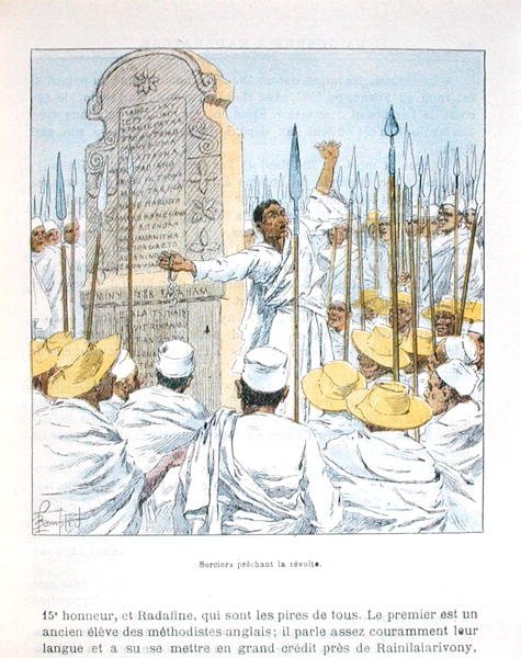 Čarodějové hlásající vzpouru proti Francii po francouzské okupaci Madagaskaru v roce 1895, ilustrace z „La guerre a Madagaskar“ od D.H.Galliho, konec 19. století (barevné litho) od Louis Charles Bombled
