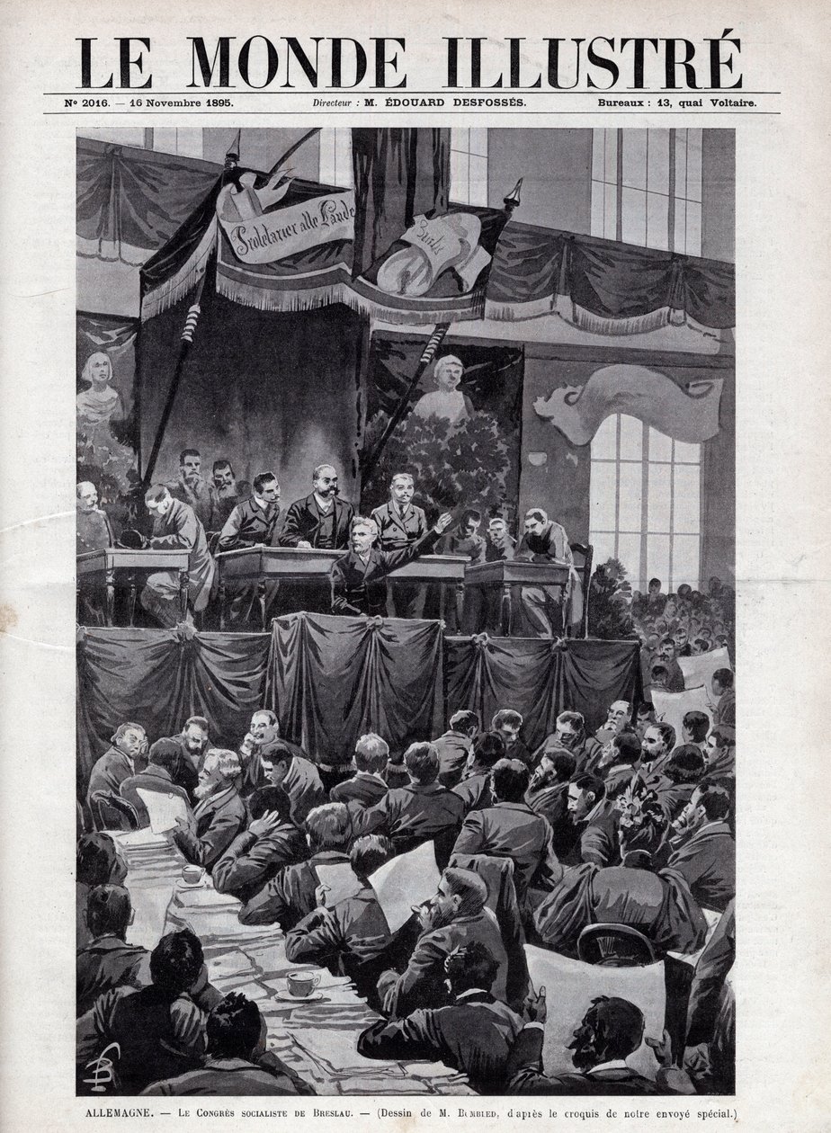 Projev Augusta Bebela (1840-1913) během socialistického kongresu v Breslau v NĚMECKU v roce 1895 - Rytina v „The Illustrous World“ z roku 1895 - Kresba Bombled. od Louis Charles Bombled