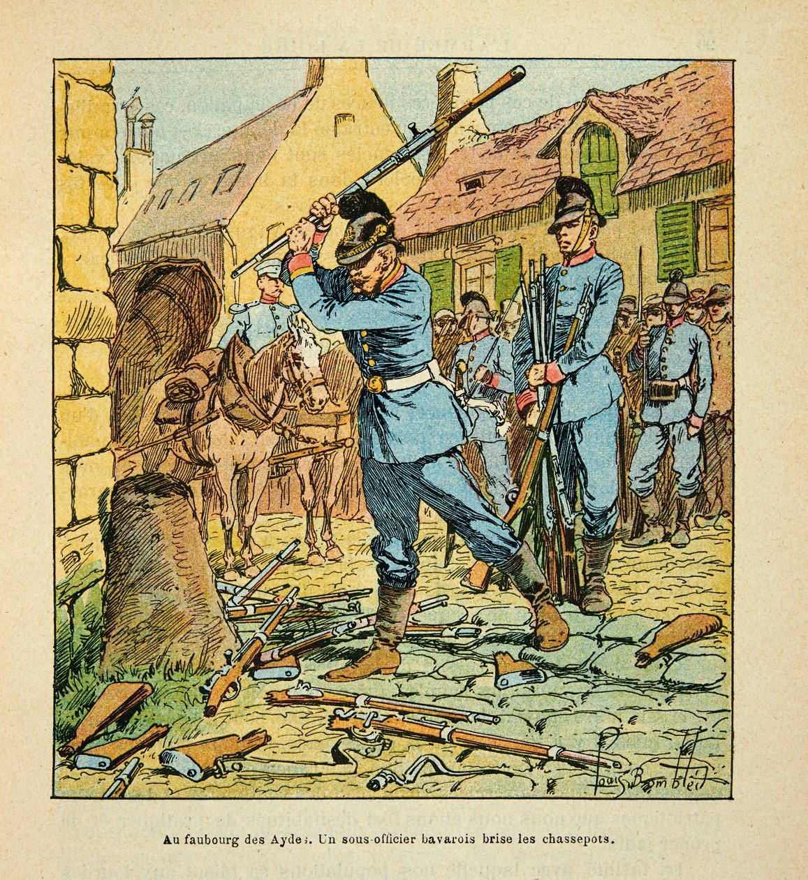 Armee de la Loire od Eugena Sergenta, známého jako Grenest, ilustrovaný Louisem Bombledem (1862-1927) (francouzsko-německá válka; kampaň 1870-1871): Po dobytí města Orleans v říjnu 1870, bavorský poddůstojník zlomil lovce. (zůstaly pušky od Louis Charles Bombled