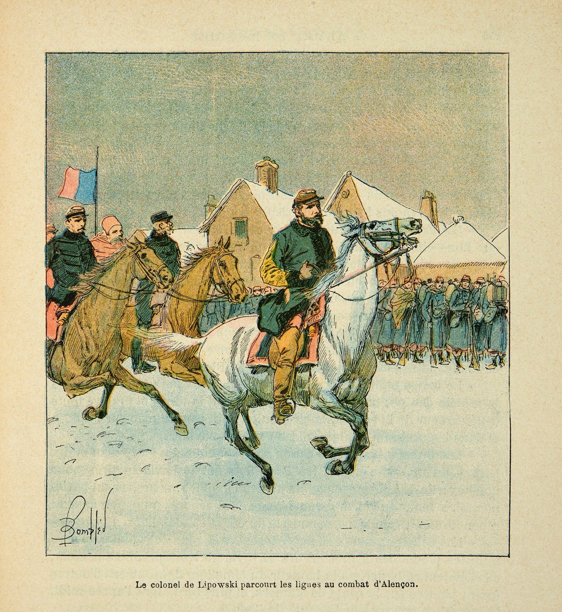 Armee of the Loire od Eugene Sergeant, dit Grenest, ilustrované Louisem Bombledem (1862-1927) (Francouzsko-německá válka; kampaň 1870-1871): Plukovník Lipowski cestuje po bitevních liniích Alenconu v lednu 1871, Soukromá sbírka od Louis Charles Bombled