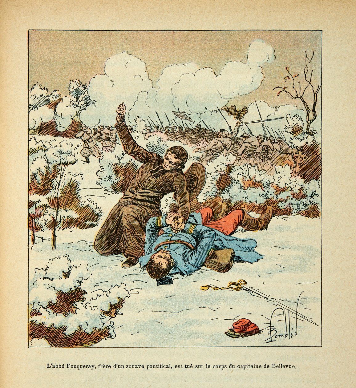 Armee of the Loire od Eugena seržanta, dit Grenest, ilustroval Louis Bombled (1862-1927) (francouzsko-německá válka; kampaň 1870-1871): Abbe Fouqueray, bratr papežského Zouave, je zabit na těle kapitána Bellevue, Soukromá sbírka od Louis Charles Bombled