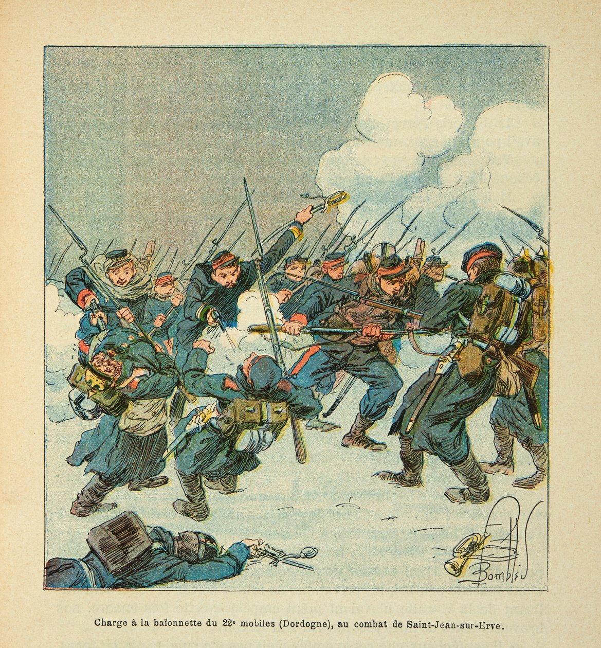 Armee of the Loire od Eugena seržanta, známého jako Grenest, ilustrovaná Louisem Bombledem (1862-1927) (francouzsko-německá válka; kampaň 1870-1871): útok na bajonetu 22. mobilu (Dordogne) v bitvě u Saint Jean sur Evre v lednu 1871, P od Louis Charles Bombled