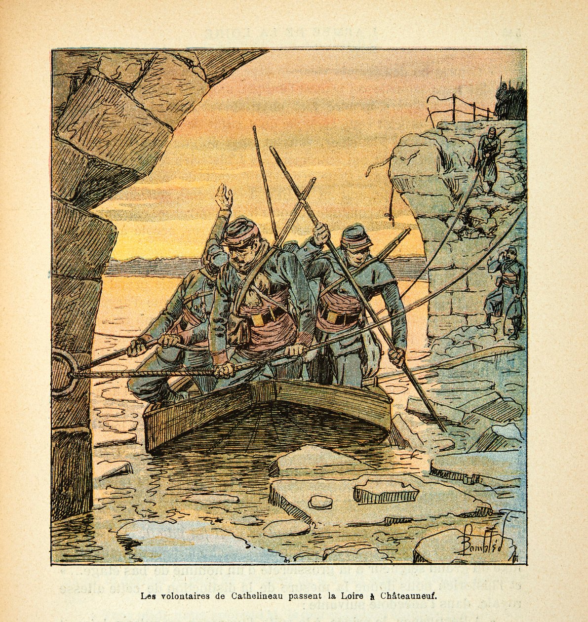 Armee of the Loire od Eugena Sergenta, dit Grenest, ilustrované Louisem Bombledem (1862-1927) (francouzsko-německá válka; kampaň 1870-1871): Generál Cathelineau, velitel francouzsko-německých střelců z Vendee, prošel Loirou prosince do Chateauneuf od Louis Charles Bombled