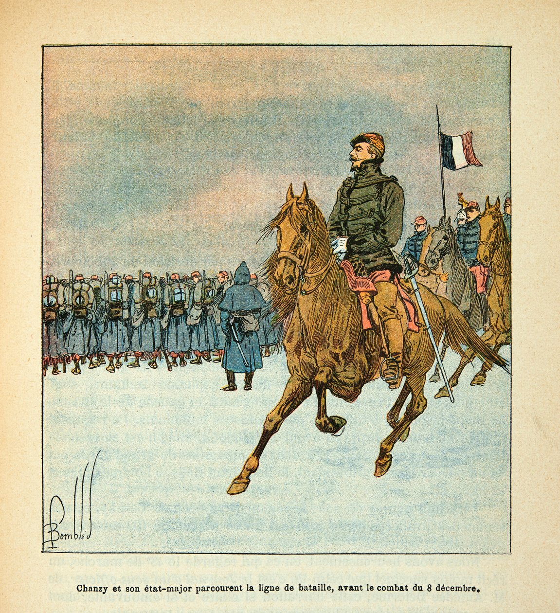 Armee of the Loire Eugene Sergent, známý jako Grenest, ilustrovaný Louisem Bombledem (1862-1927) (francouzsko-německá válka; kampaň 1870-1871): Generál Chanzy a jeho štáb putují po bitevní linii před bojem 8. prosince 1870, Soukromá sbírka od Louis Charles Bombled