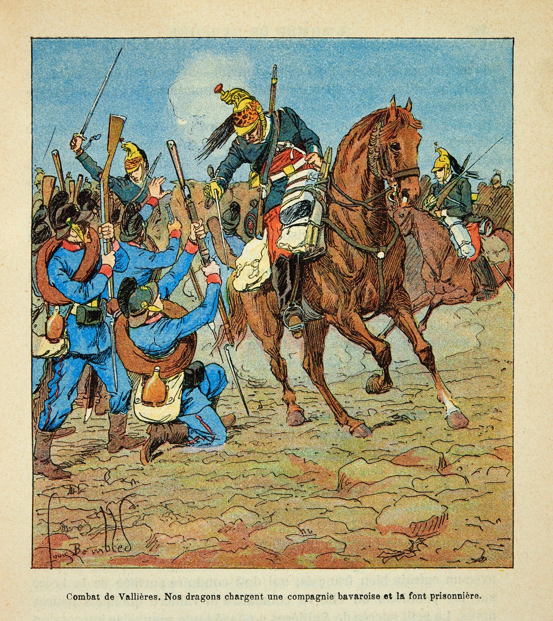 Armee of the Loire od Eugena Sergenta, známého jako Grenest, ilustrovaný Louisem Bombledem (1862-1927) (francouzsko-německá válka; kampaň 1870-1871): Bitva u Vallieres v listopadu 1870, francouzští draci napadají bavorskou společnost a dělají to vězeň, voj od Louis Charles Bombled
