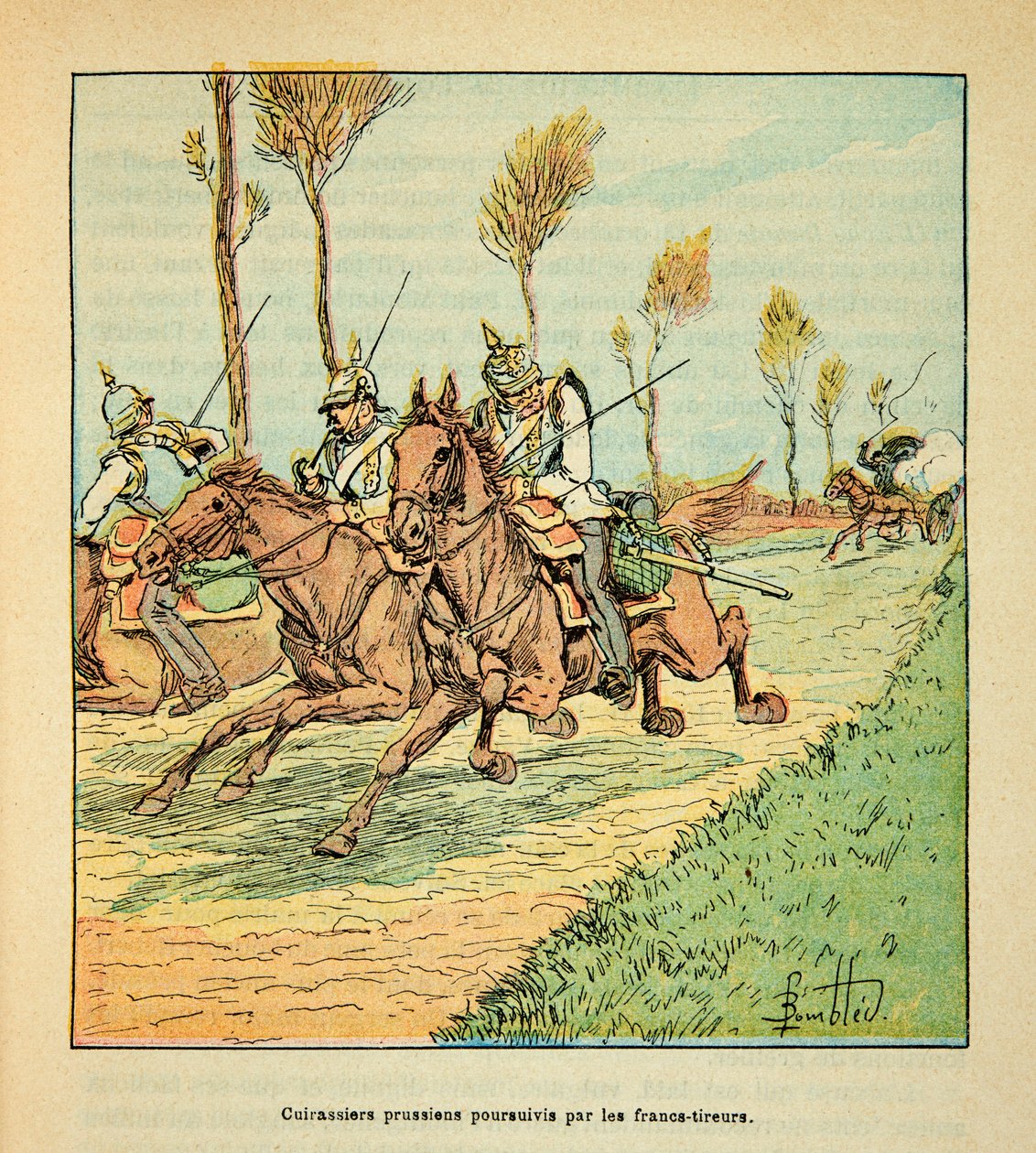 Armee of the Loire Eugene Sergent, známý jako Grenest, ilustrovaný Louisem Bombledem (1862-1927) (francouzsko-německá válka; kampaň 1870-1871): Pruské kyrysníky pronásledované freikisty v říjnu 1870, soukromá sbírka od Louis Charles Bombled