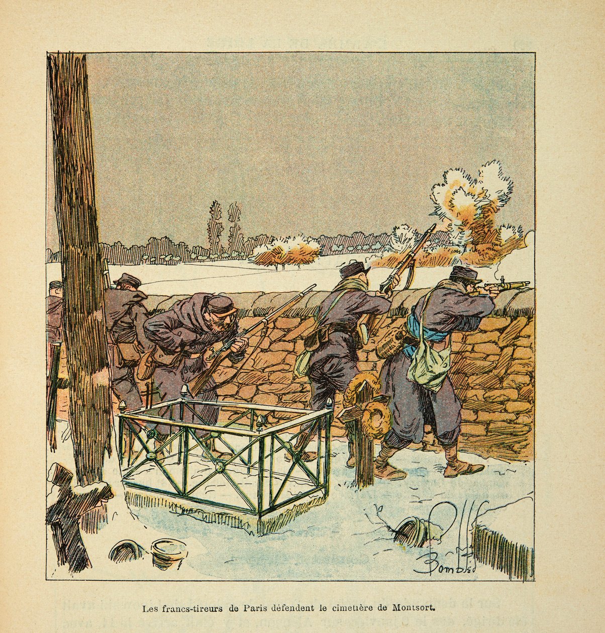 Armee of the Loire Eugene Sergent, známý jako Grenest, ilustrovaný Louisem Bombledem (1862-1927) (francouzsko-německá válka; kampaň 1870-1871): Francouzští střelci z Paříže brání hřbitov Montsort (Alencon) v lednu 1871, Soukromá sbírka od Louis Charles Bombled