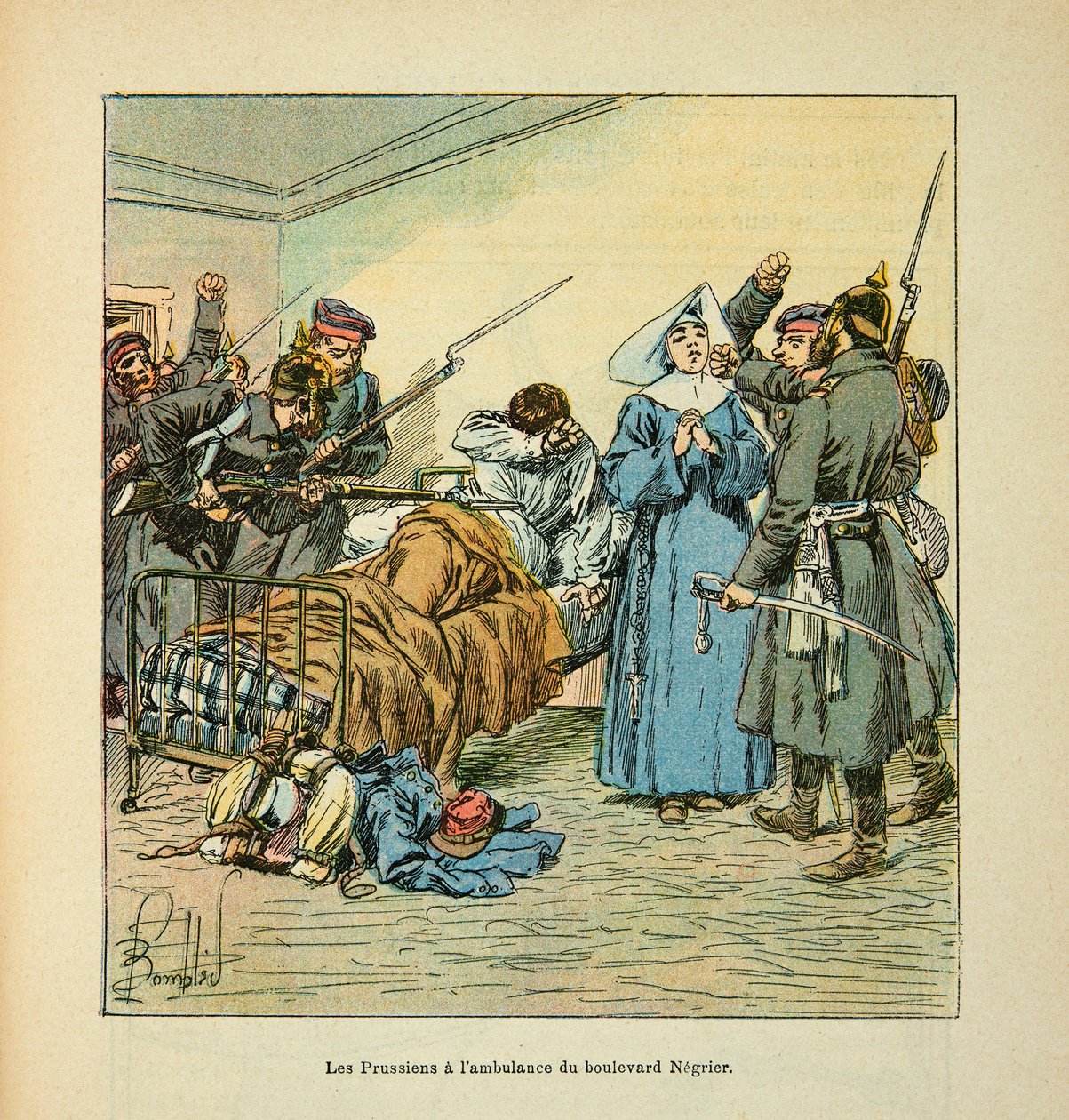 Armee of the Loire Eugene Sergent, známý jako Grenest, ilustrovaný Louisem Bombledem (1862-1927) (francouzsko-německá válka; kampaň 1870-1871): Prusové v ambulanci Boulevard Negrier au Mans v lednu 1871, Soukromá sbírka od Louis Charles Bombled