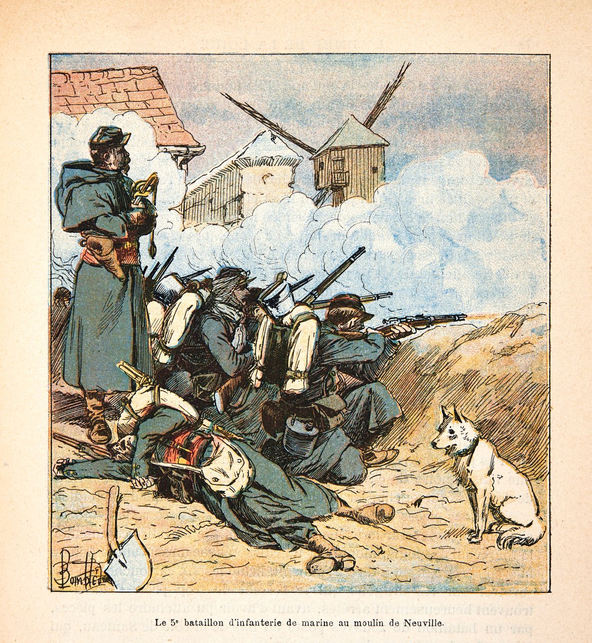 Armee of the Loire Eugene Sergent, známý jako Grenest, ilustrovaný Louisem Bombledem (1862-1927) (francouzsko-německá válka; tažení 1870-1871): 5. námořní pěchotní prapor u mlýna Neuville aux bois v prosince 1870, Soukromá sbírka od Louis Charles Bombled
