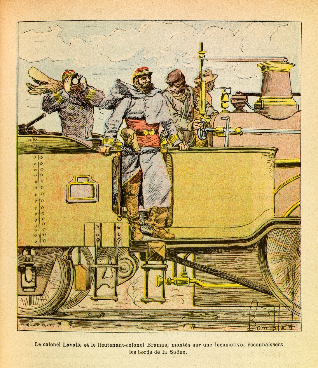 Východní armáda seržanta Eugena, dit Grenest, ilustrovaná Louisem Bombledem (1862-1927) (francouzsko-německá válka; kampaň 1870-1871): V prosinci 1870 plukovník Lavalle a podplukovník Bramas nasedající na lokomotivu rozpoznali břehy řeky Saone od Louis Charles Bombled