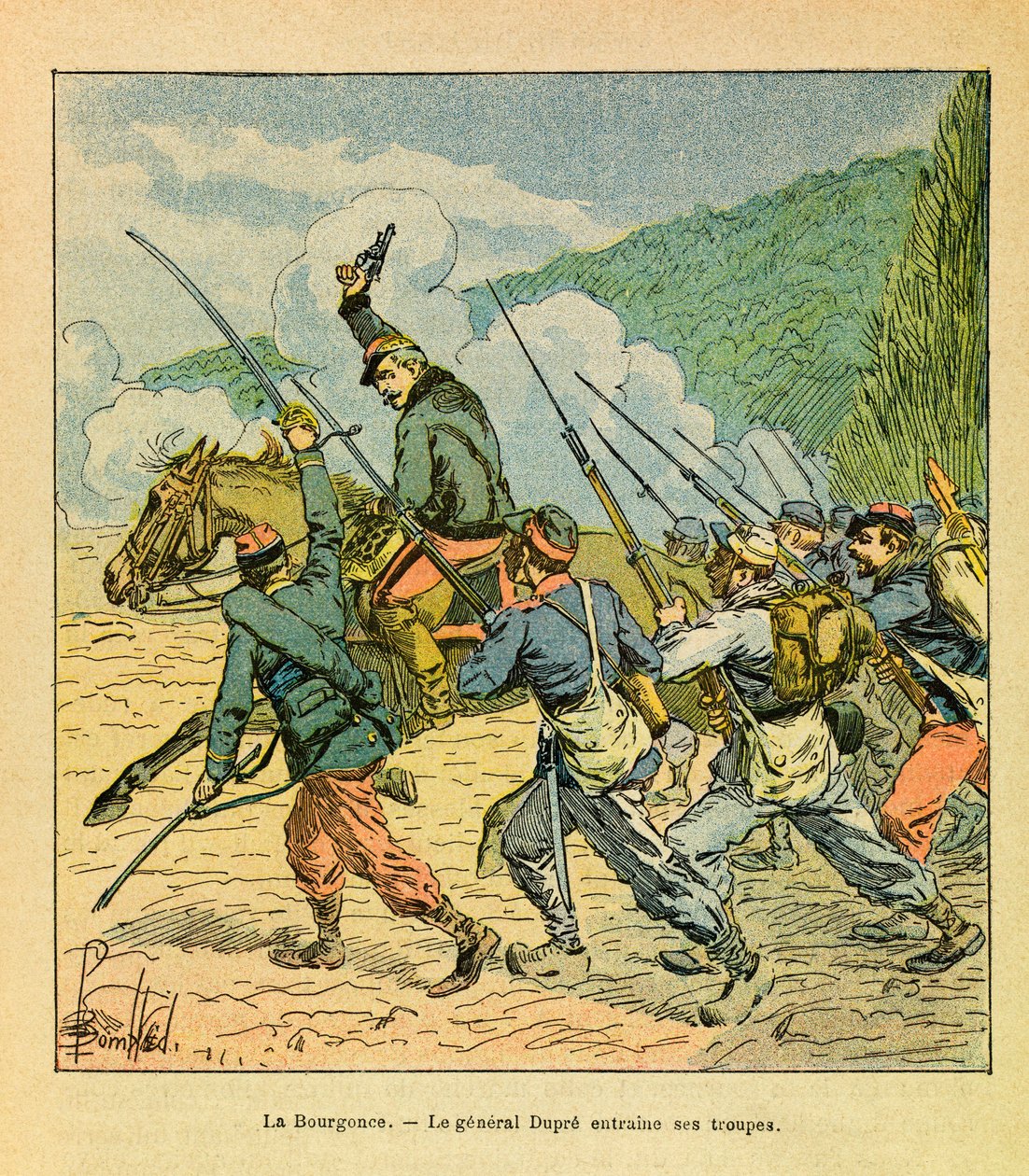 Východní Armee seržanta Eugena, dit Grenest, ilustrovaný Louisem Bombledem (1862-1927) (francouzsko-německá válka; kampaň 1870-1871): Generál Dupre má hlavu svých mužů v bitvě u La Bourgonce v říjnu 1870, Soukromá sbírka od Louis Charles Bombled