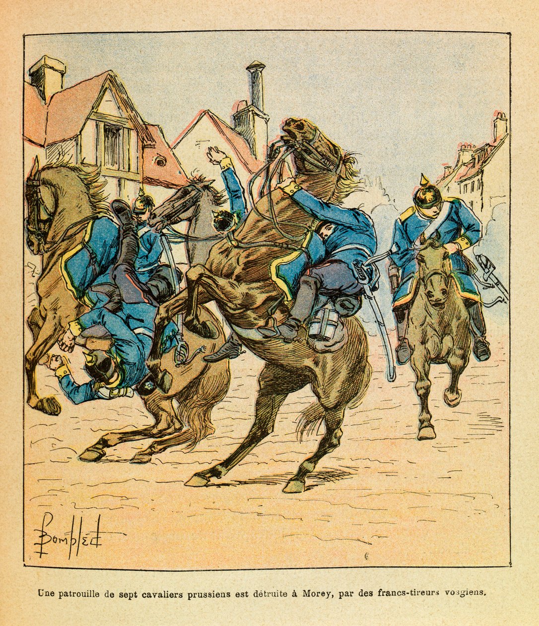 Východní armáda seržanta Eugena, dit Grenest, ilustrovaná Louisem Bombledem (1862-1927) (francouzsko-německá válka; kampaň 1870-1871): V prosinci 1870 byla v Morey zničena hlídka sedmi pruských jezdců vosgijskými odstřelovači, Konkrétní kolekce od Louis Charles Bombled
