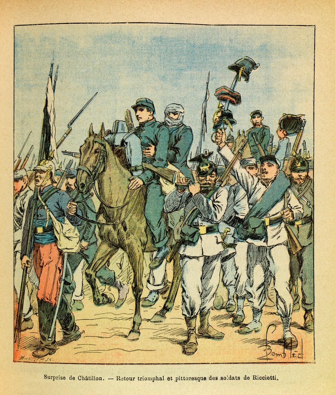 Východní armáda Eugena seržanta, dit Grenest, ilustrovaná Louisem Bombledem (1862-1927) (francouzsko-německá válka; kampaň 1870-1871): Ricciottiho jednotky během bitvy u Chatillon sur Seine v listopadu 1870, soukromá sbírka od Louis Charles Bombled