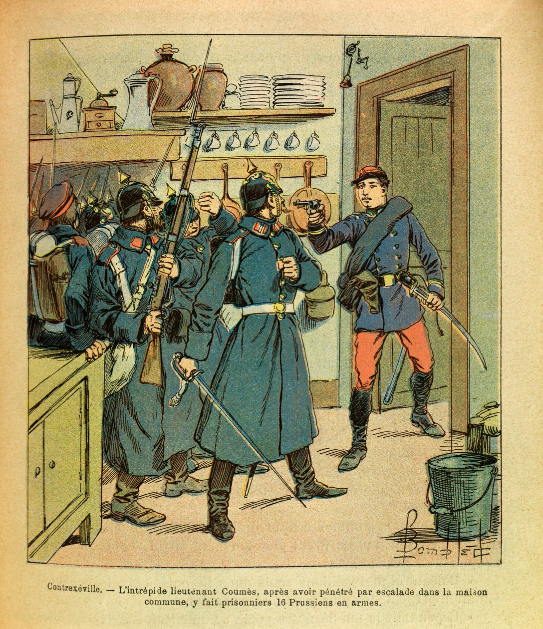Východní armáda seržanta Eugena, dit Grenest, ilustrovaná Louisem Bombledem (1862-1927) (francouzsko-německá válka; kampaň 1870-1871): V Contrexeville neohrožený poručík Coumes poté, co vyšplhal do společného domu, zajal 16 pruských zajatců v od Louis Charles Bombled