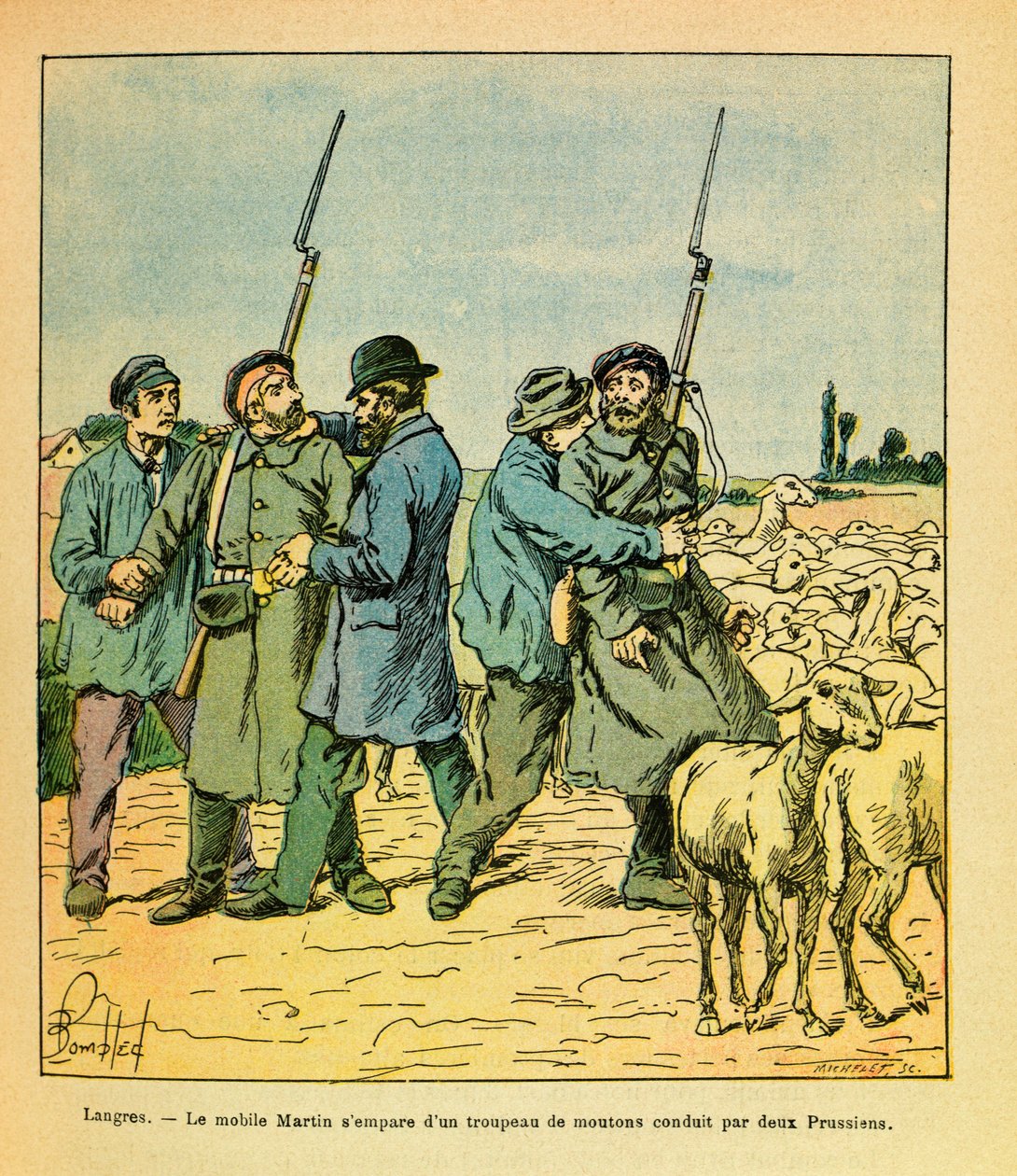 Východní Armee seržanta Eugena, dit Grenest, ilustrovaný Louisem Bombledem (1862-1927) (francouzsko-německá válka; kampaň 1870-1871): Martin mobile, přestrojený za rolníka, se zmocnil stáda ovcí vedených dvěma Prusy do Langres v listopadu 1870, priv od Louis Charles Bombled