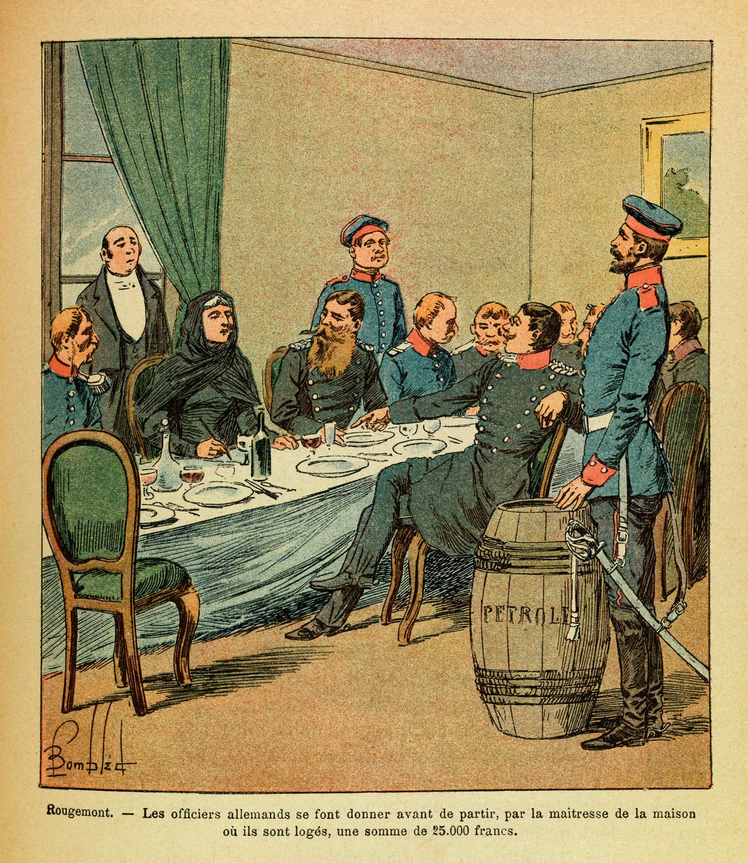 Východní armáda Eugena seržanta, dit Grenest, ilustrovaná Louisem Bombledem (1862-1927) (francouzsko-německá válka; kampaň 1870-1871): V Rougemont byli němečtí důstojníci před odjezdem předáni paní domu, kde jsou to lóže, suma od Louis Charles Bombled