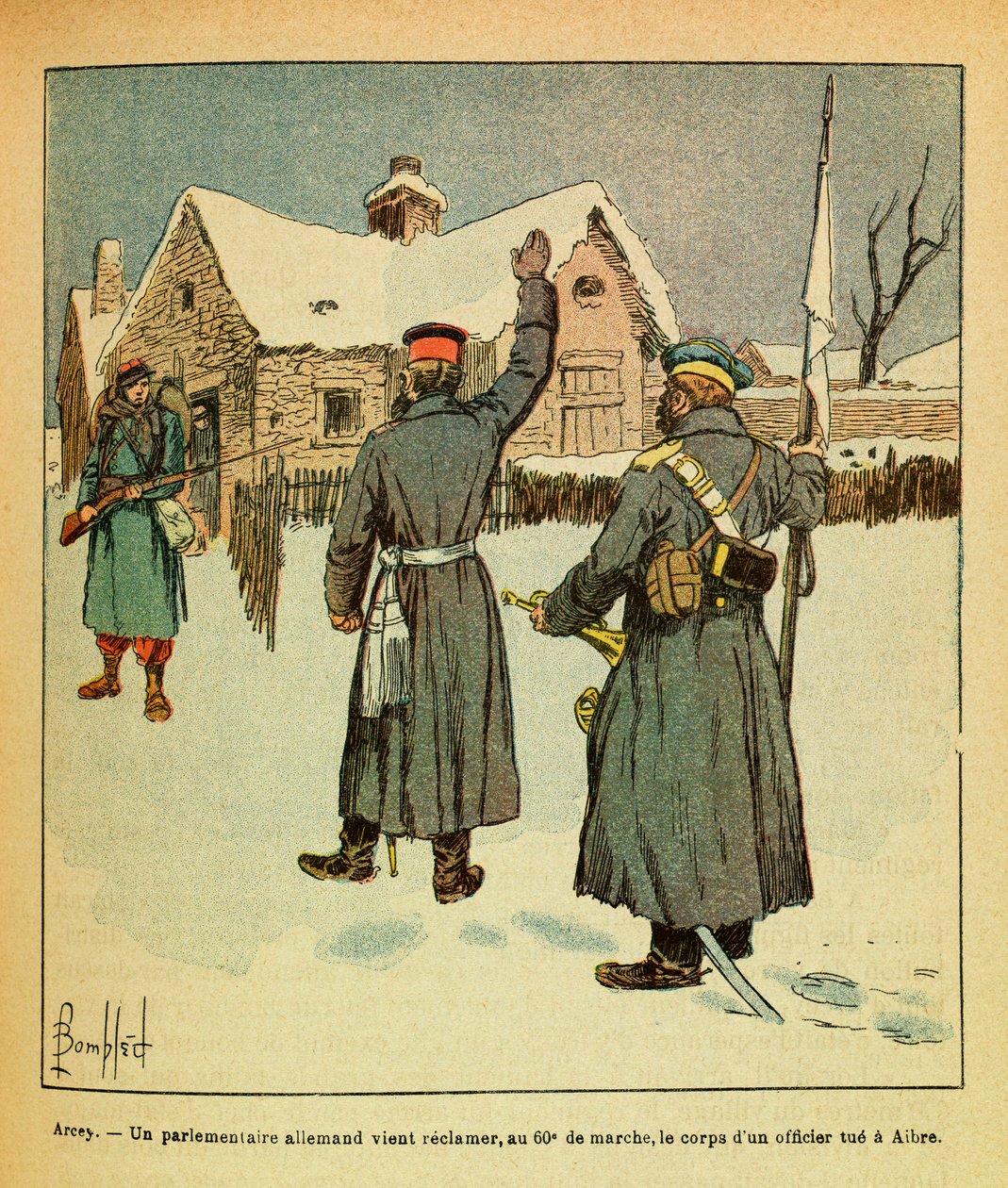 Východní armáda seržanta Eugena, dit Grenest, ilustrovaná Louisem Bombledem (1862–1927) (francouzsko-německá válka; kampaň 1870–1871): leden 1871 – Arcey, německý poslanec přichází, aby 60. března znovu získal tělo důstojníka zabil v Aibre od Louis Charles Bombled