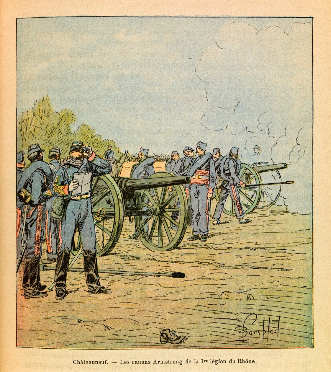 Východní Armee seržanta Eugena, dit Grenest, ilustrovaný Louisem Bombledem (1862-1927) (francouzsko-německá válka; kampaň 1870-1871): Před Chateauneufem, Armstrongovi kanovníci První legie Rhone v prosinci 1870 , Soukromá sbírka od Louis Charles Bombled
