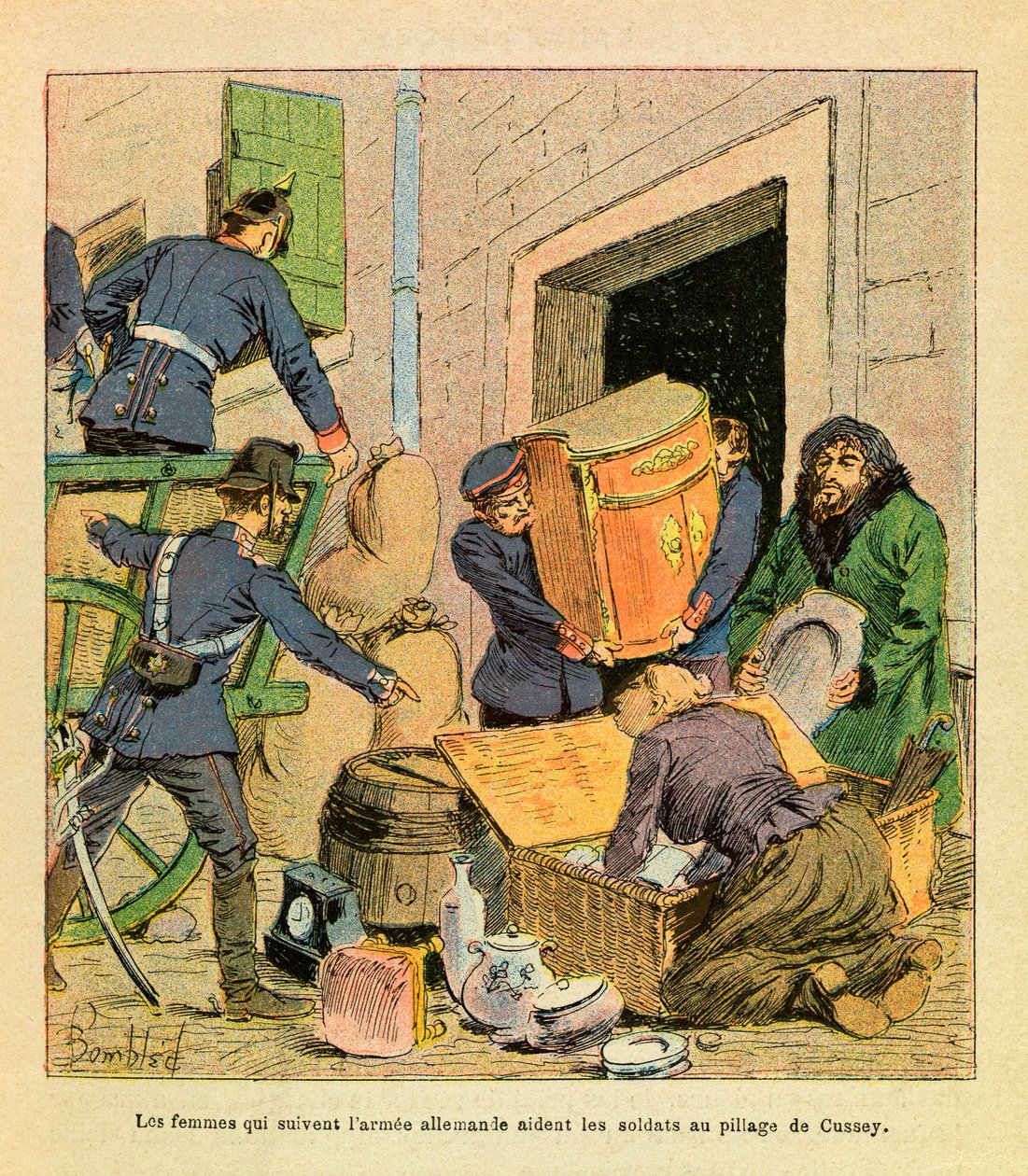Východní armáda Eugena seržanta, dit Grenest, ilustrovaná Louisem Bombledem (1862-1927) (francouzsko-německá válka; kampaň 1870-1871): Ženy, které následovaly německou armádu, pomohly vojákům vyplenit město Cussey po ní byl pořízen v říjnu 187 od Louis Charles Bombled