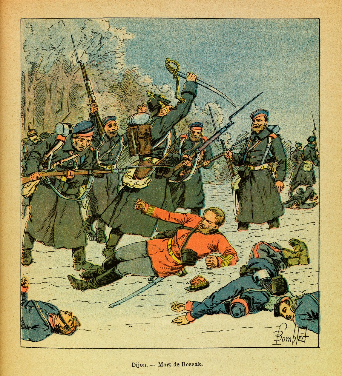 Východní Armee seržanta Eugena, dit Grenest, ilustrovaný Louisem Bombledem (1862-1927) (francouzsko-německá válka; kampaň 1870-1871): Smrt generála Bossak-Hauke na místě známém jako „La Cap“ od Louis Charles Bombled