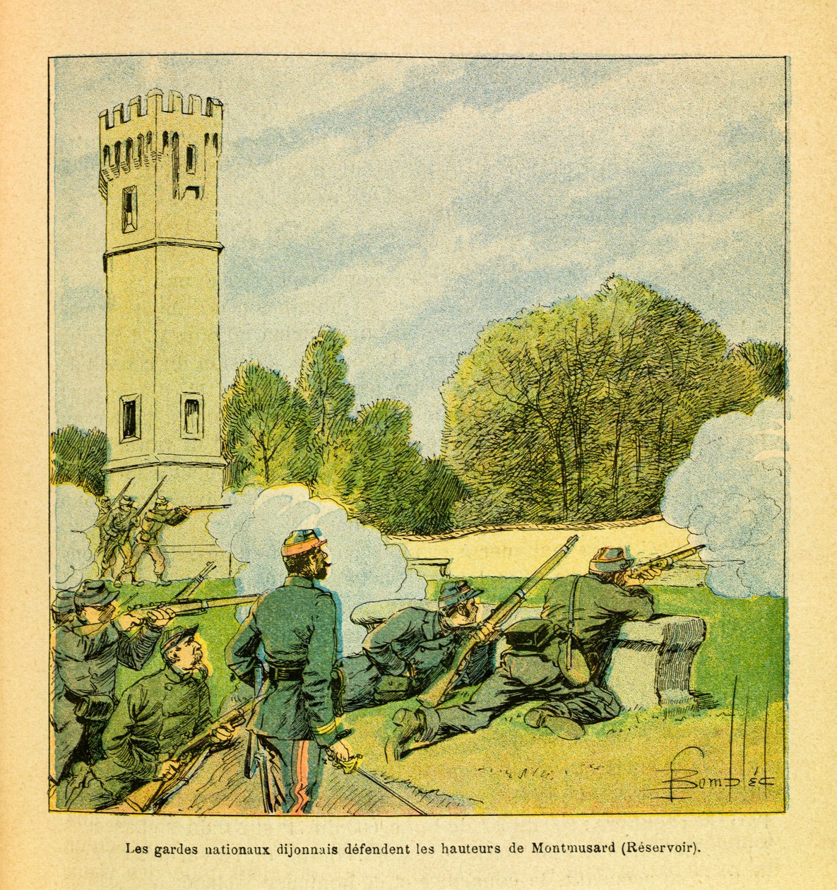 Východní armáda seržanta Eugena, dit Grenest, ilustrovaná Louisem Bombledem (1862-1927) (francouzsko-německá válka; kampaň 1870-1871): Obrana Dijonu v říjnu 1870, Dijonnaiská národní garda brání výšiny Montmusardu, vojín Sbírka od Louis Charles Bombled