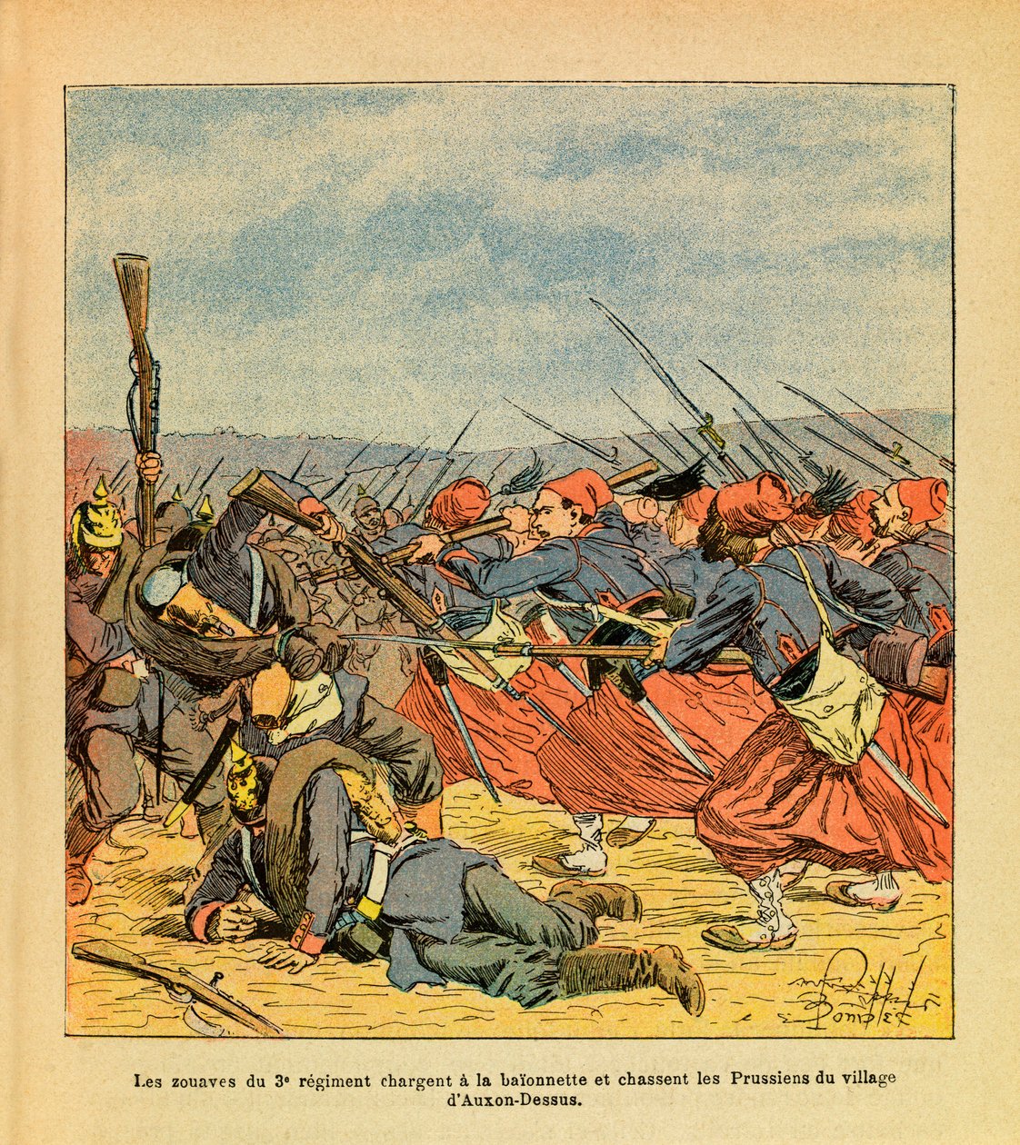 The Eastern Armee of Eugene Sergeant, dit Grenest, ilustroval Louis Bombled (1862-1927) (francouzsko-německá válka; tažení v letech 1870-1871): Zouavové 3. pluku útočí na baionetu a vyhánějí Prusy z vesnice Auxon-Dessus během války s Německem. od Louis Charles Bombled