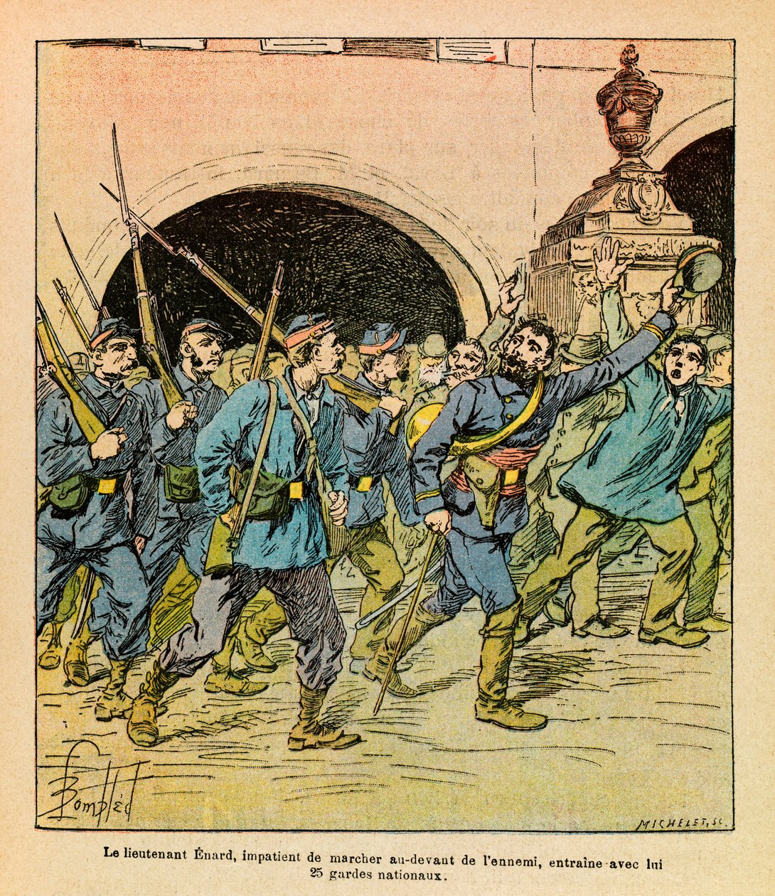 Východní Armee seržanta Eugena, dit Grenest, ilustrovaný Louisem Bombledem (1862-1927) (francouzsko-německá válka; kampaň 1870-1871): Během bojů u Epinalu v říjnu 1870 poručík Enard dychtivě kráčel před nepřítelem vedl s ním Nati od Louis Charles Bombled