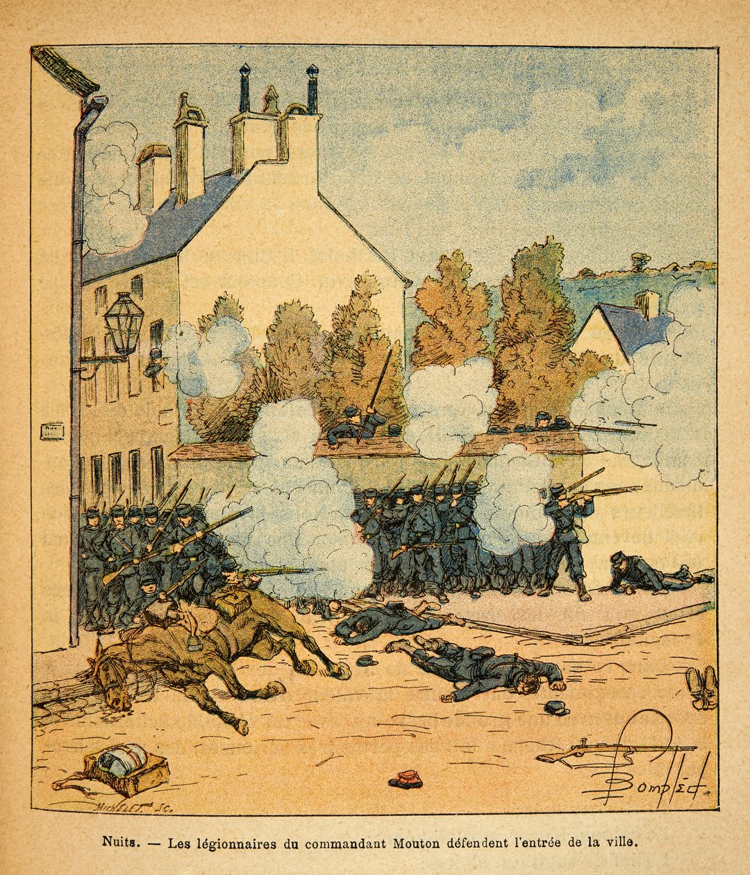 Východní Armee seržanta Eugena, známá jako Grenest, ilustrovaná Louisem Bombledem (1862-1927) (francouzsko-německá válka; kampaň 1870-1871): Bitva nocí Saint Georges, legionáři velitele Moutona brání vstup do města , vojín Colle od Louis Charles Bombled