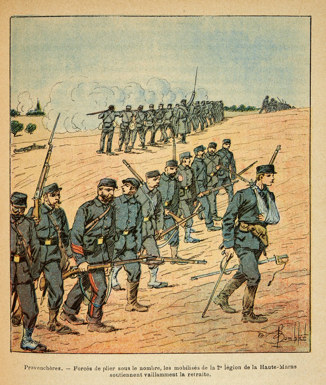 Východní Armee seržanta Eugena, známá jako Grenest, ilustrovaná Louisem Bombledem (1862-1927) (francouzsko-německá válka; kampaň 1870-1871): V Provencheres byly mobilizace 2. legie na Horní Marně nuceny ustoupit pod počet nepřátel od Louis Charles Bombled