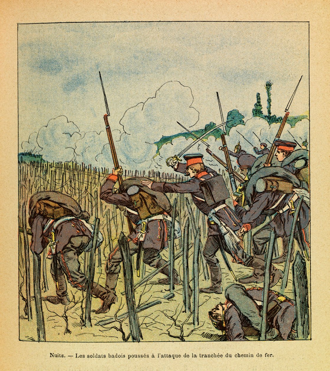 Východní Armee seržanta Eugena, známá jako Grenest, ilustrovaná Louisem Bombledem (1862-1927) (francouzsko-německá válka; tažení 1870 -1871): Bitva nocí Saint Georges; Vojáci Badois zaútočili na úsek železnice v prosinci 1870, vojín Coll od Louis Charles Bombled