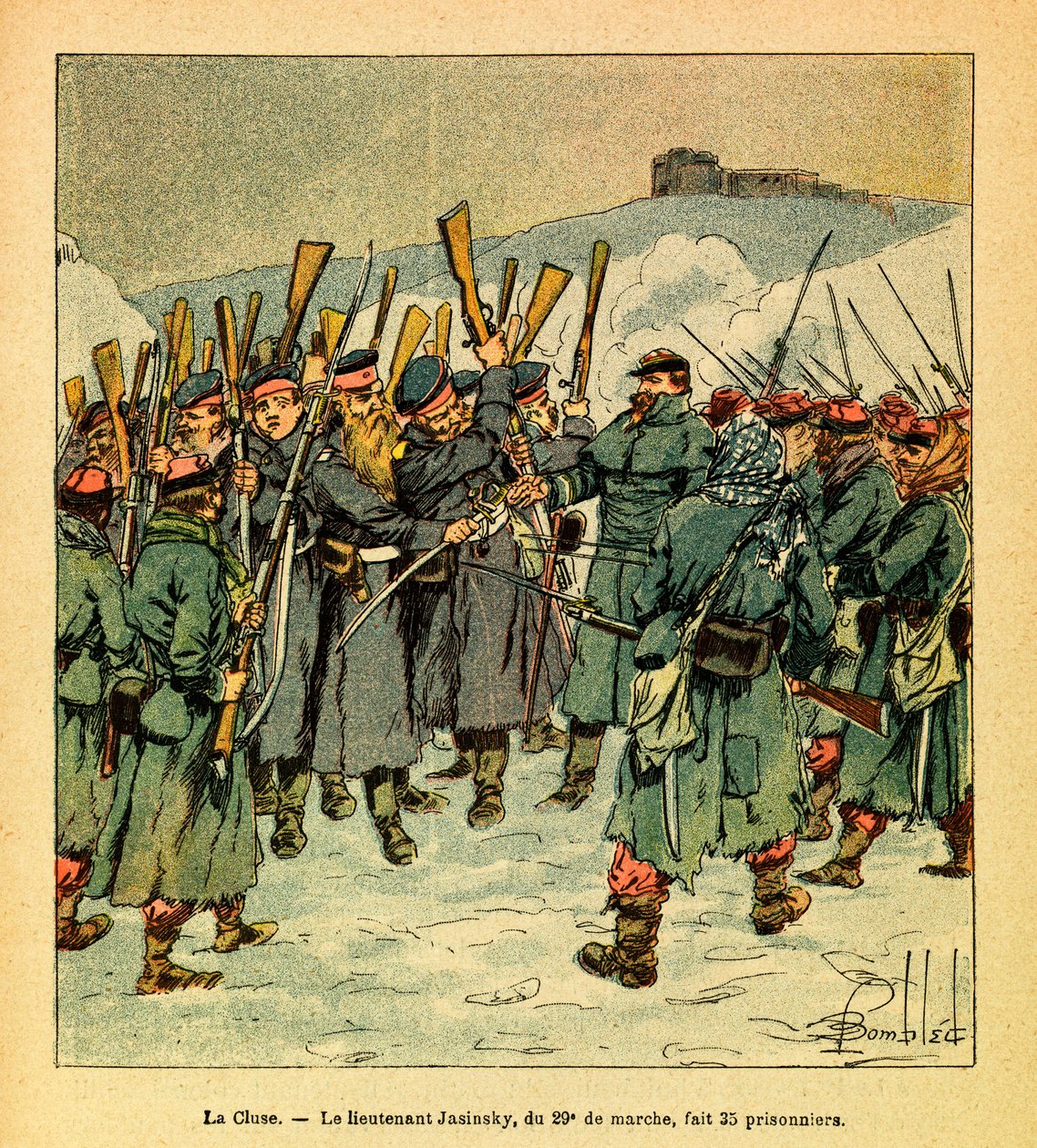 Východní Armee seržanta Eugena, známá jako Grenest, ilustrovaná Louisem Bombledem (1862-1927) (francouzsko-německá válka; kampaň 1870-1871): únor 1871 během posledních bojů u La Cluse, poručík Jasinsky z 29. března učinil 35 zajatců, priv od Louis Charles Bombled