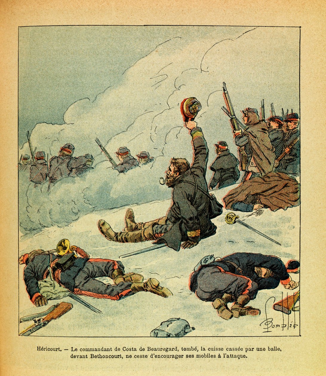 Východní armáda Eugena seržanta, známá jako Grenest, ilustrovaná Louisem Bombledem (1862-1927) (francouzsko-německá válka; tažení 1870-1871): leden 1871, Hericourt, velitel Costa de Beauregard-spadne si zlomí stehno kulka před Bet od Louis Charles Bombled