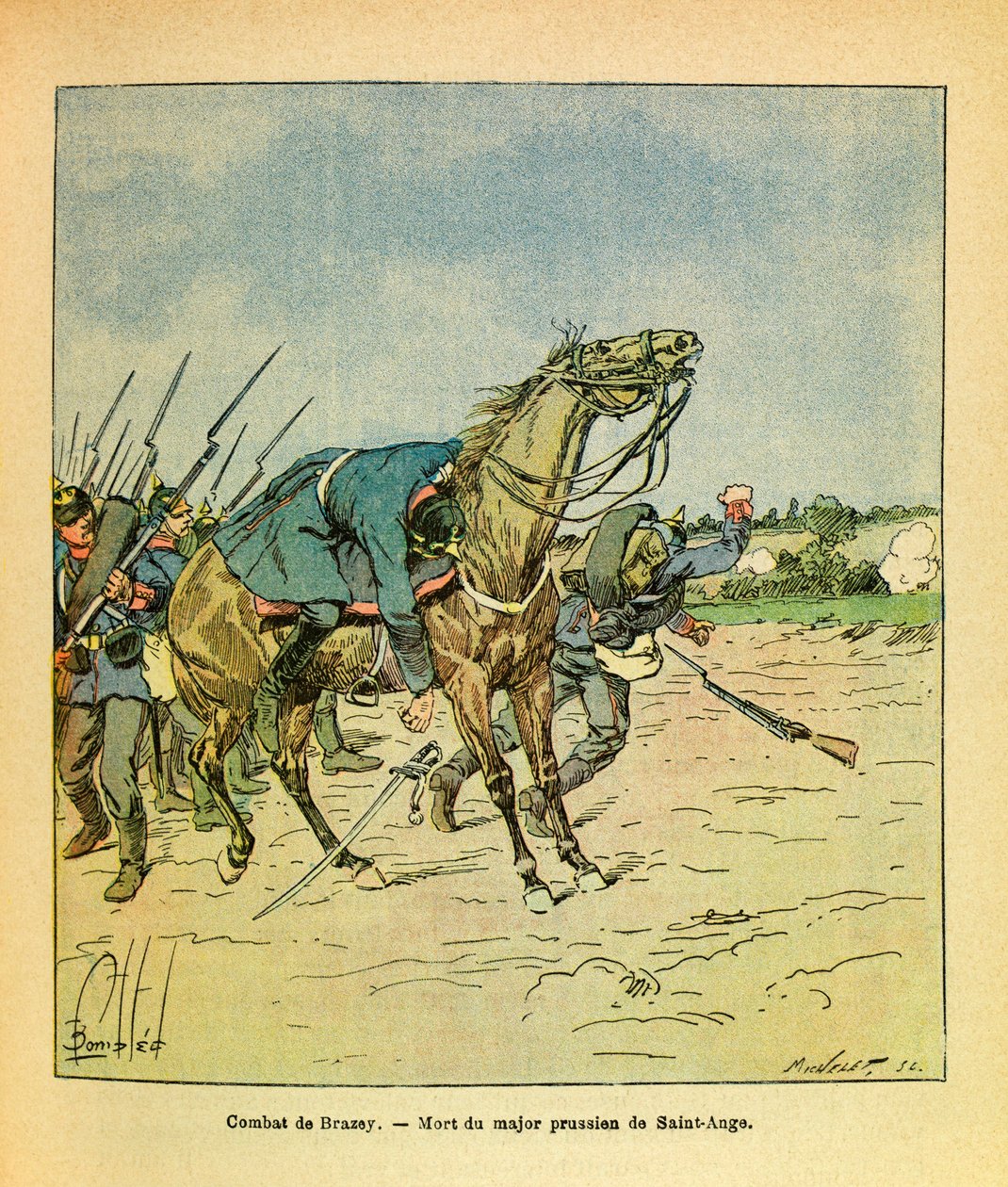 Východní Armee seržanta Eugena, známá jako Grenest, ilustrovaná Louisem Bombledem (1862-1927) (francouzsko-německá válka; kampaň 1870-1871): Listopad 1870, během bitev u Brazey, je sestřelen major Prussian Saint Ange, Soukromá sbírka od Louis Charles Bombled